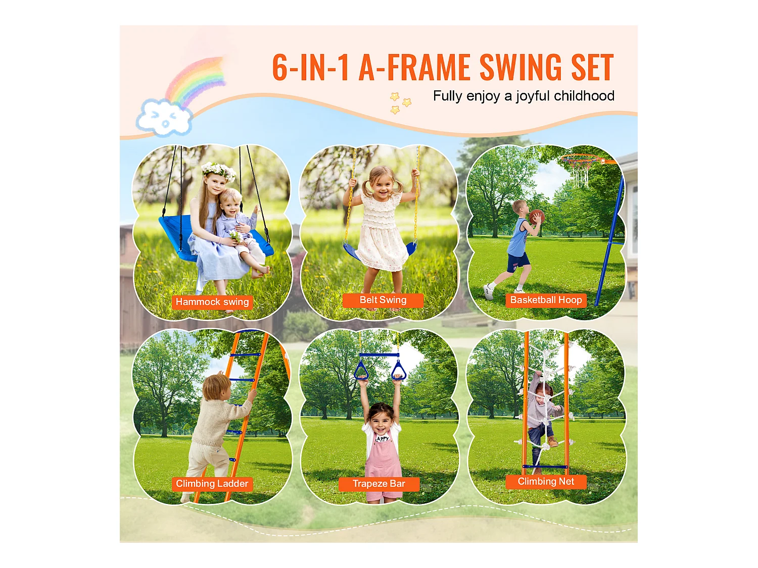 Ensemble Balançoires 6 en 1 SucceBuy 200 kg Métal 2 Balançoires Échelle Filet Basket-Ball pour le Jardin Design Stable Siège UV Poignées Sécurisées