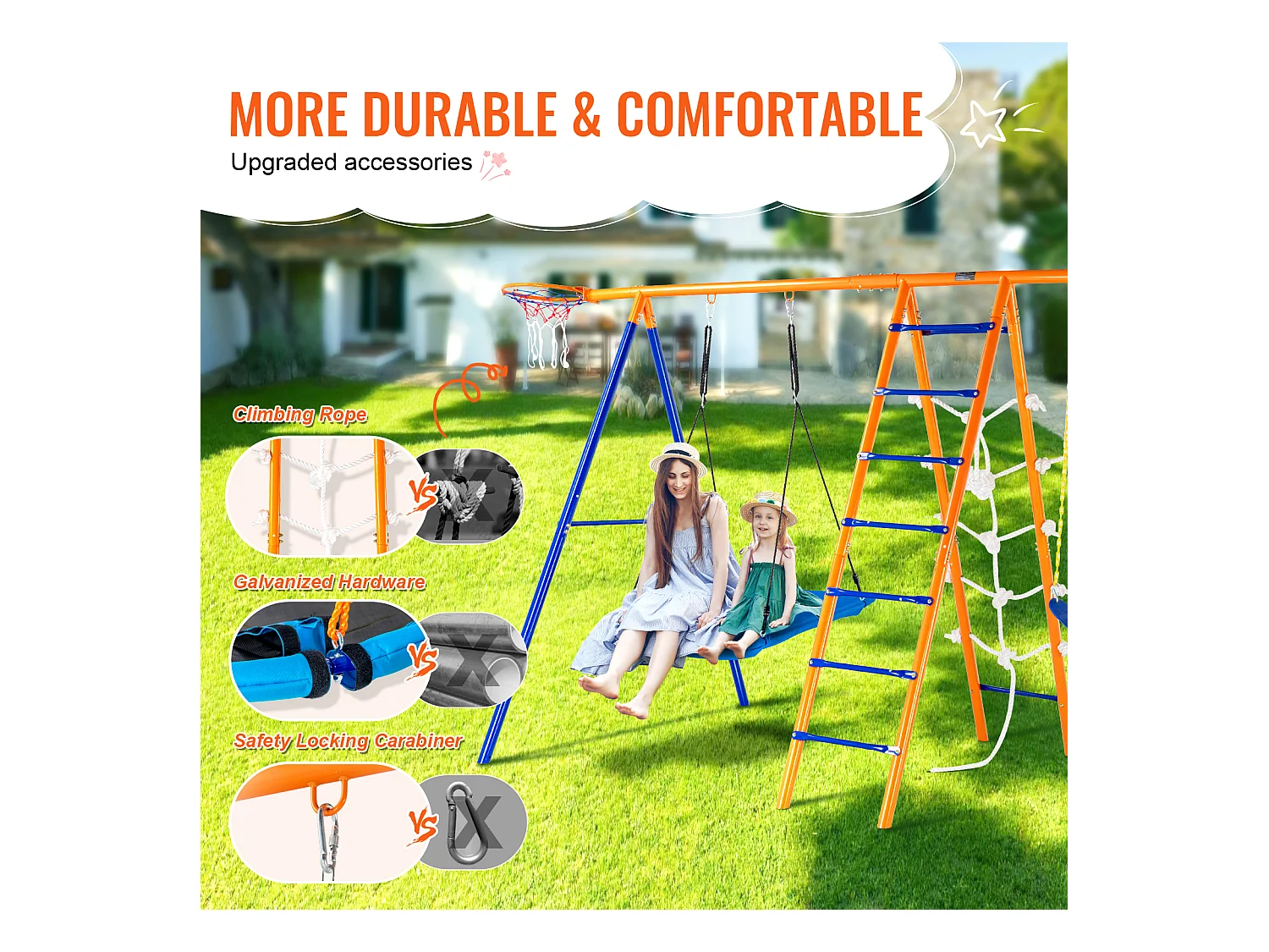 Ensemble Balançoires 6 en 1 SucceBuy 200 kg Métal 2 Balançoires Échelle Filet Basket-Ball pour le Jardin Design Stable Siège UV Poignées Sécurisées