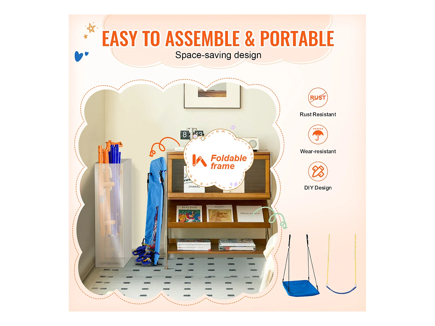 Ensemble Balançoires 6 en 1 SucceBuy 200 kg Métal 2 Balançoires Échelle Filet Basket-Ball pour le Jardin Design Stable Siège UV Poignées Sécurisées