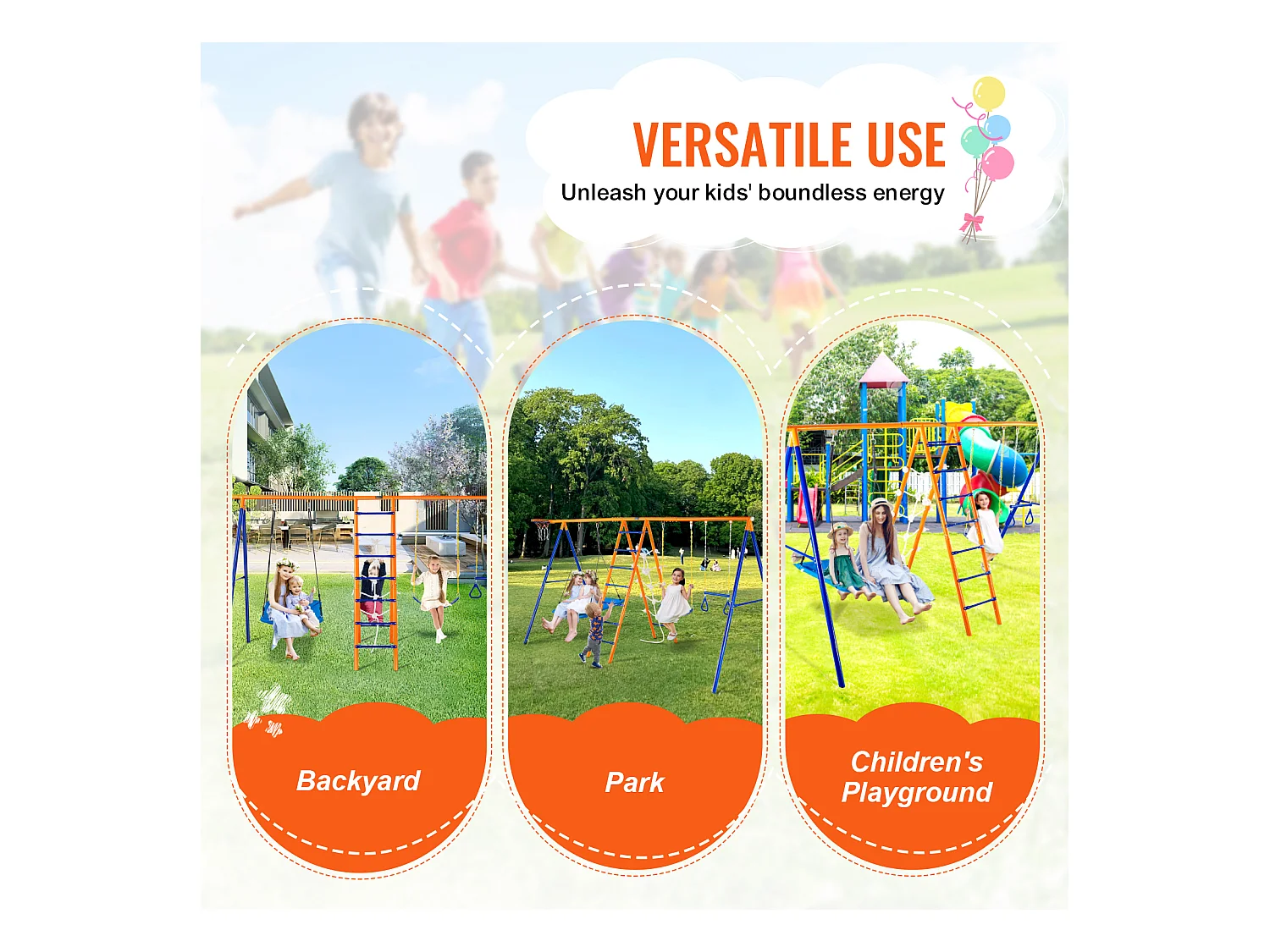 Ensemble Balançoires 6 en 1 SucceBuy 200 kg Métal 2 Balançoires Échelle Filet Basket-Ball pour le Jardin Design Stable Siège UV Poignées Sécurisées