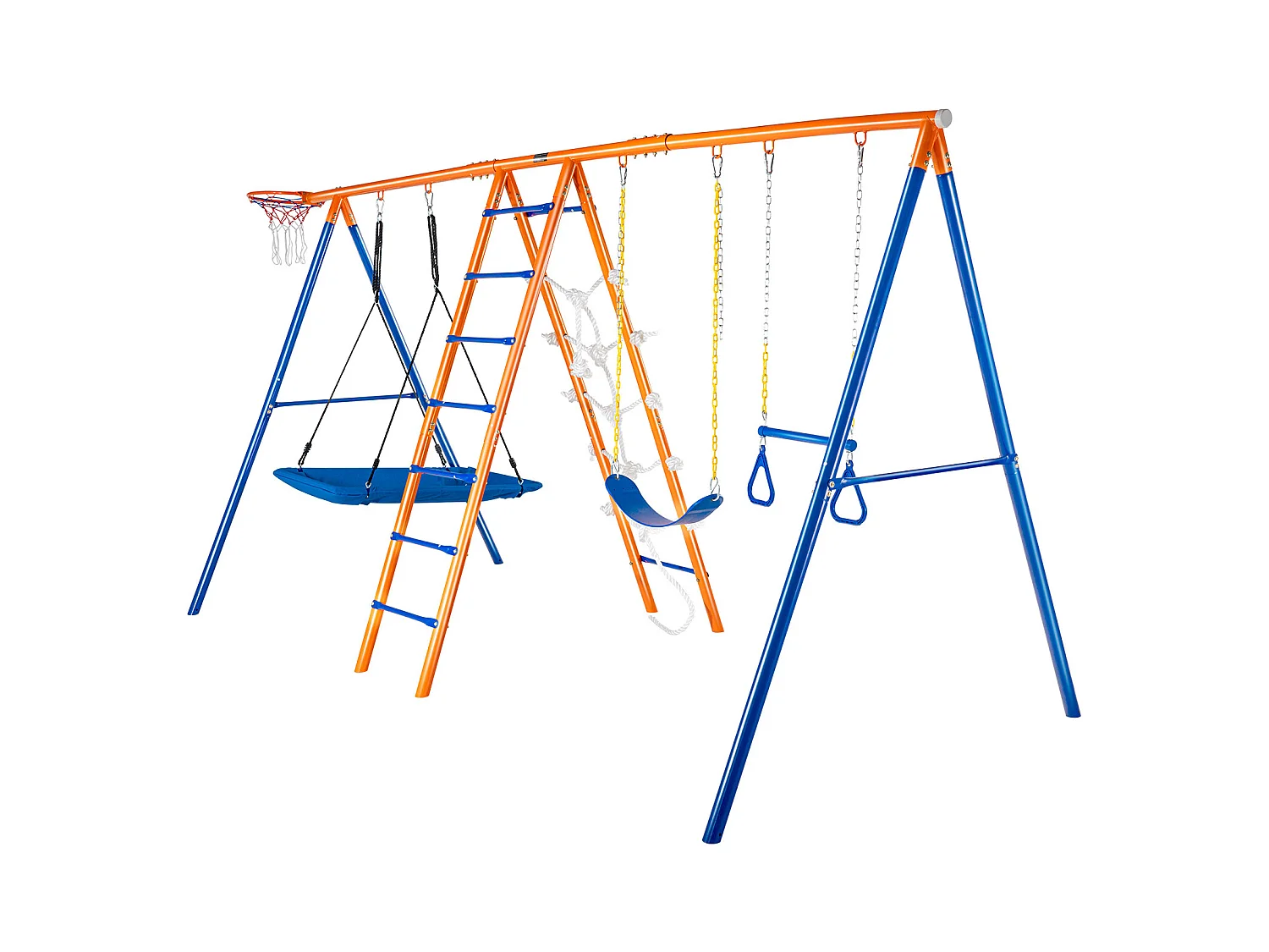 Ensemble Balançoires 6 en 1 SucceBuy 200 kg Métal 2 Balançoires Échelle Filet Basket-Ball pour le Jardin Design Stable Siège UV Poignées Sécurisées