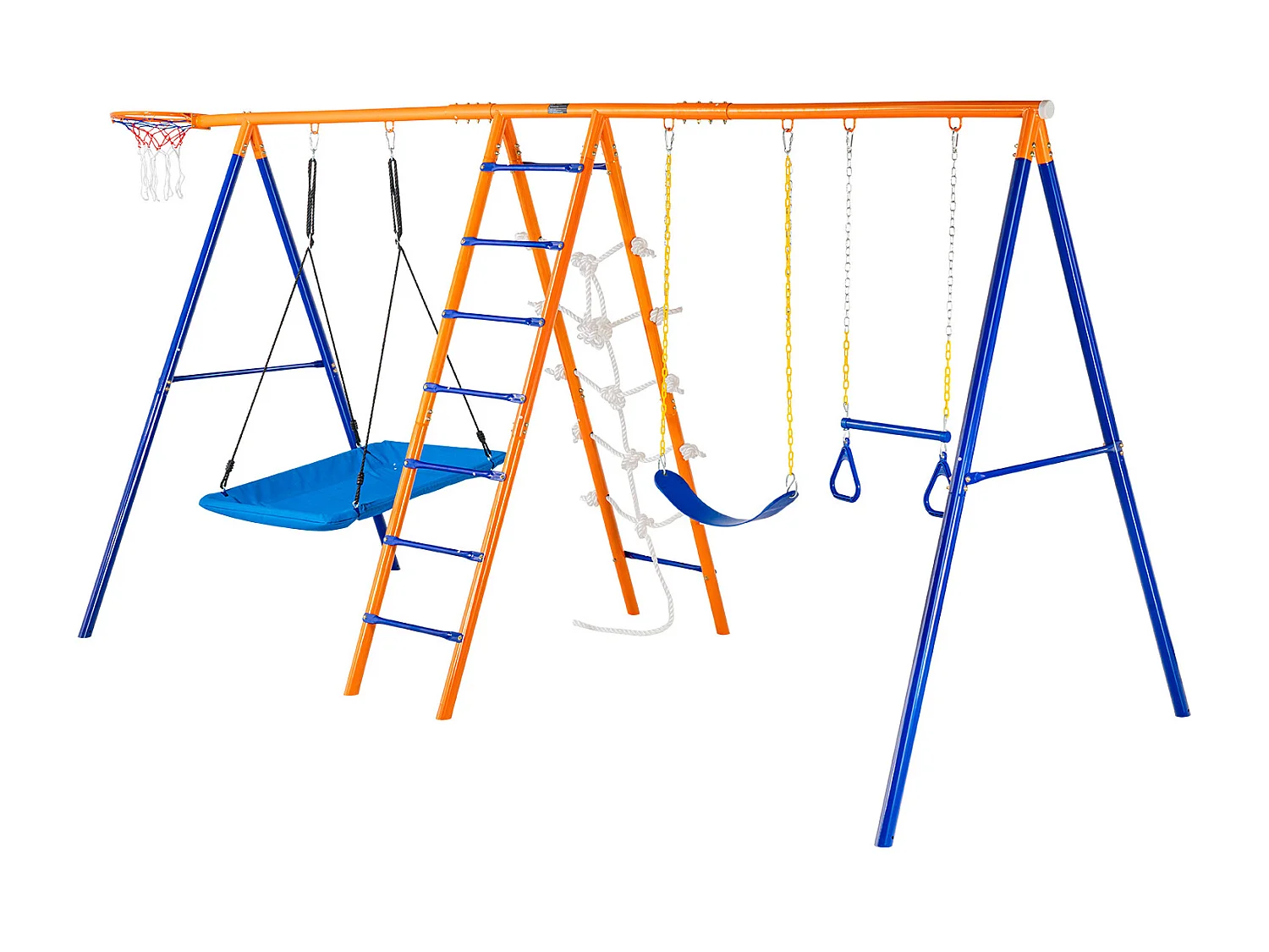 Ensemble Balançoires 6 en 1 SucceBuy 200 kg Métal 2 Balançoires Échelle Filet Basket-Ball pour le Jardin Design Stable Siège UV Poignées Sécurisées