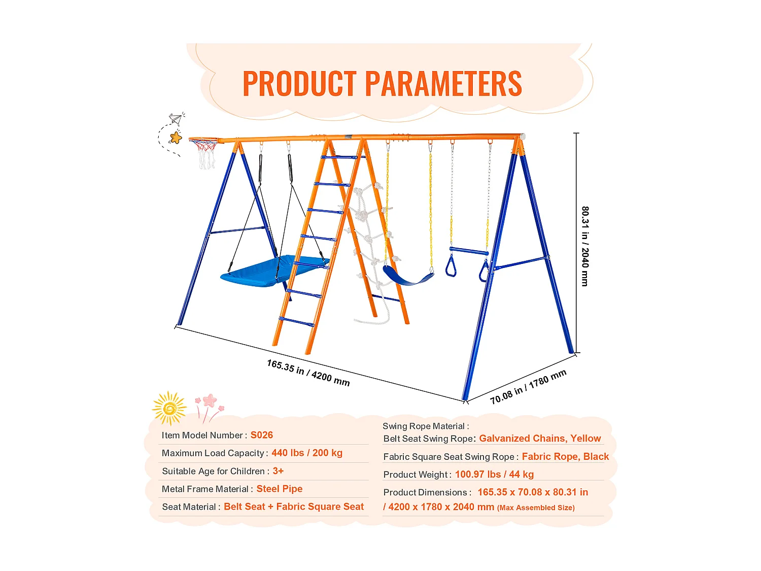 Ensemble Balançoires 6 en 1 SucceBuy 200 kg Métal 2 Balançoires Échelle Filet Basket-Ball pour le Jardin Design Stable Siège UV Poignées Sécurisées