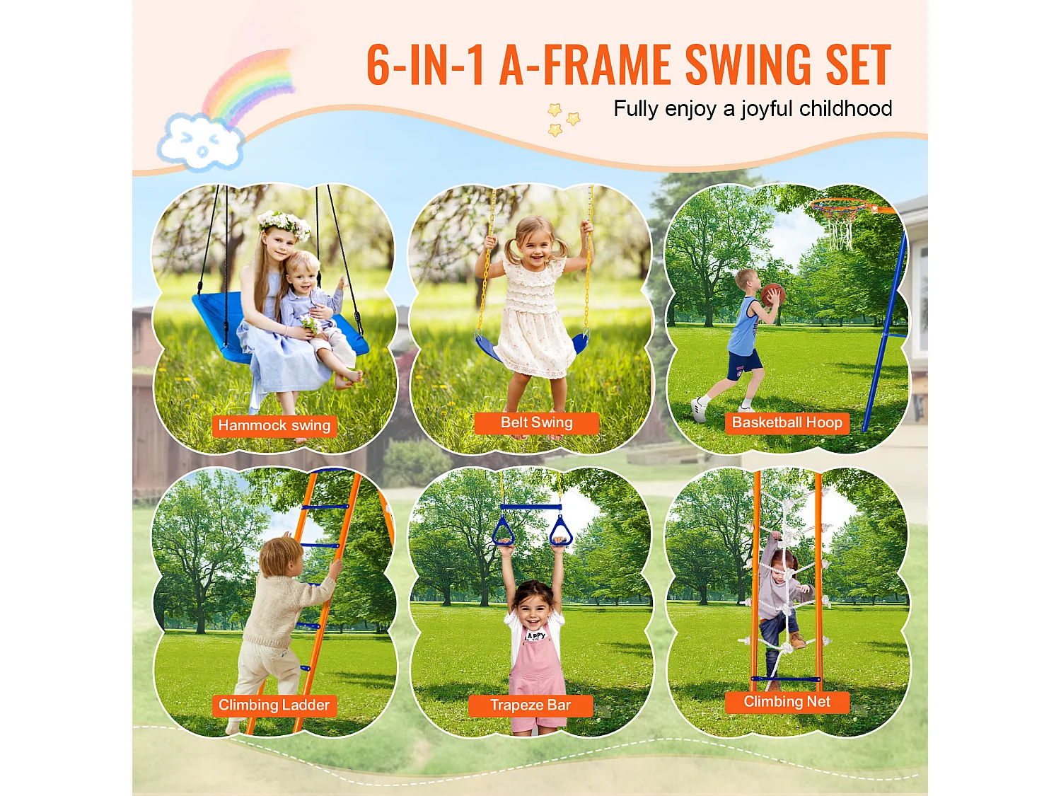 Ensemble Balançoires 6 en 1 SucceBuy 200 kg Métal 2 Balançoires Échelle Filet Basket-Ball pour le Jardin Design Stable Siège UV Poignées Sécurisées