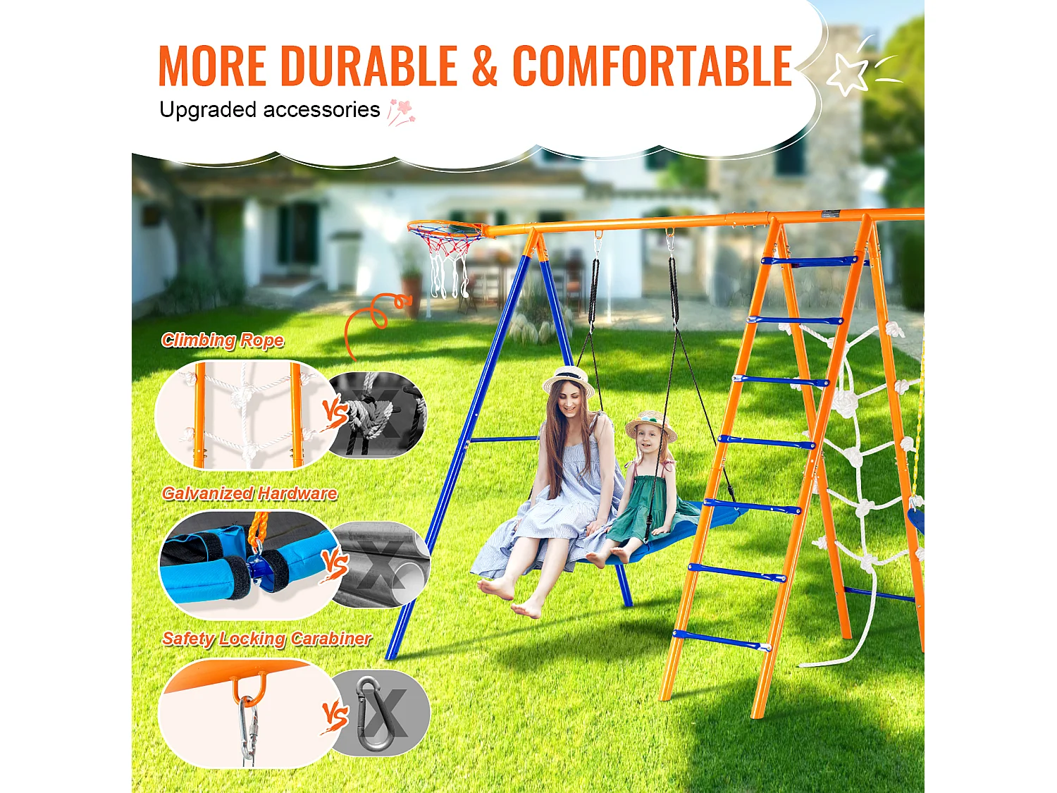 Ensemble Balançoires 6 en 1 SucceBuy 200 kg Métal 2 Balançoires Échelle Filet Basket-Ball pour le Jardin Design Stable Siège UV Poignées Sécurisées