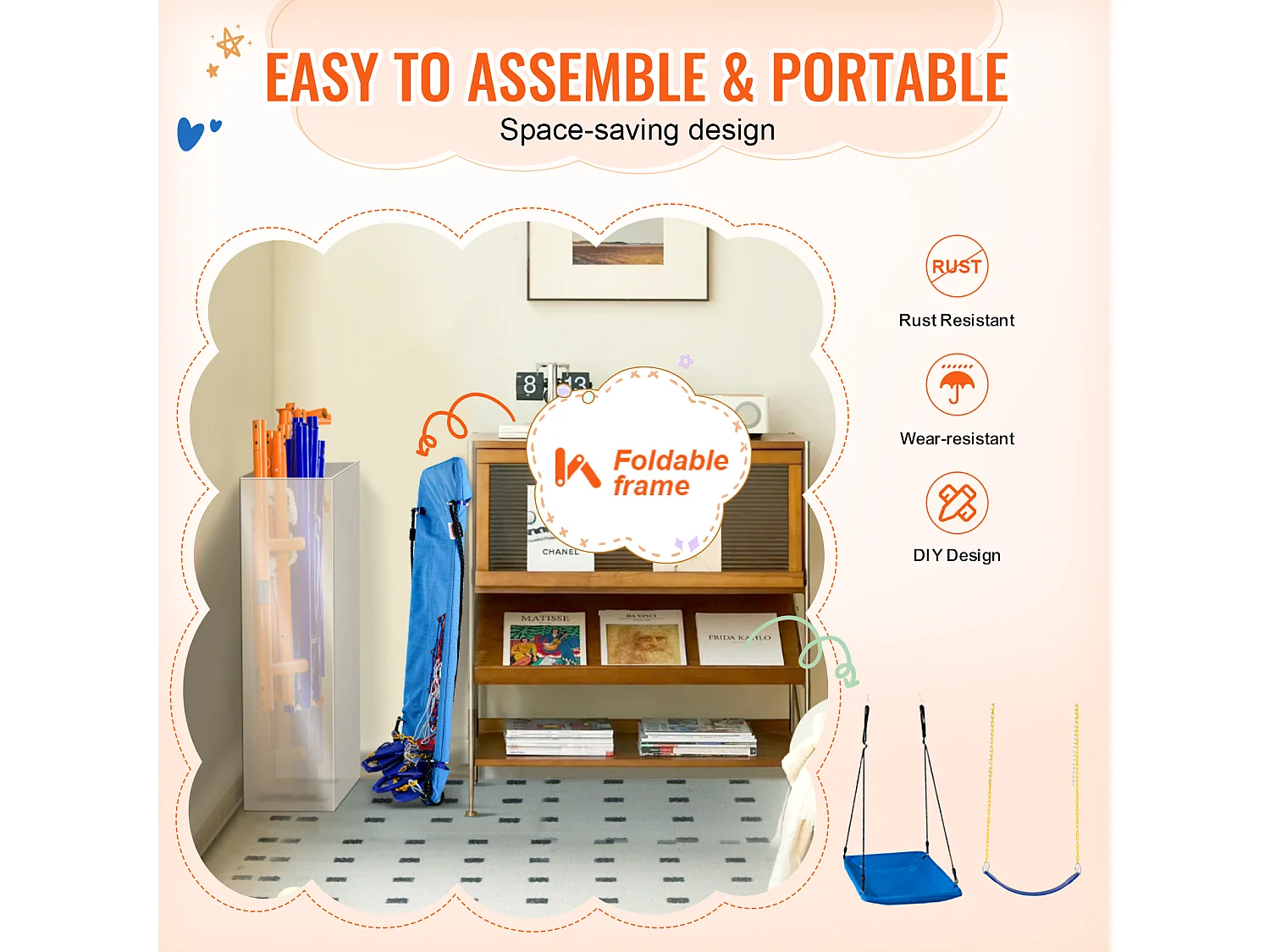 Ensemble Balançoires 6 en 1 SucceBuy 200 kg Métal 2 Balançoires Échelle Filet Basket-Ball pour le Jardin Design Stable Siège UV Poignées Sécurisées