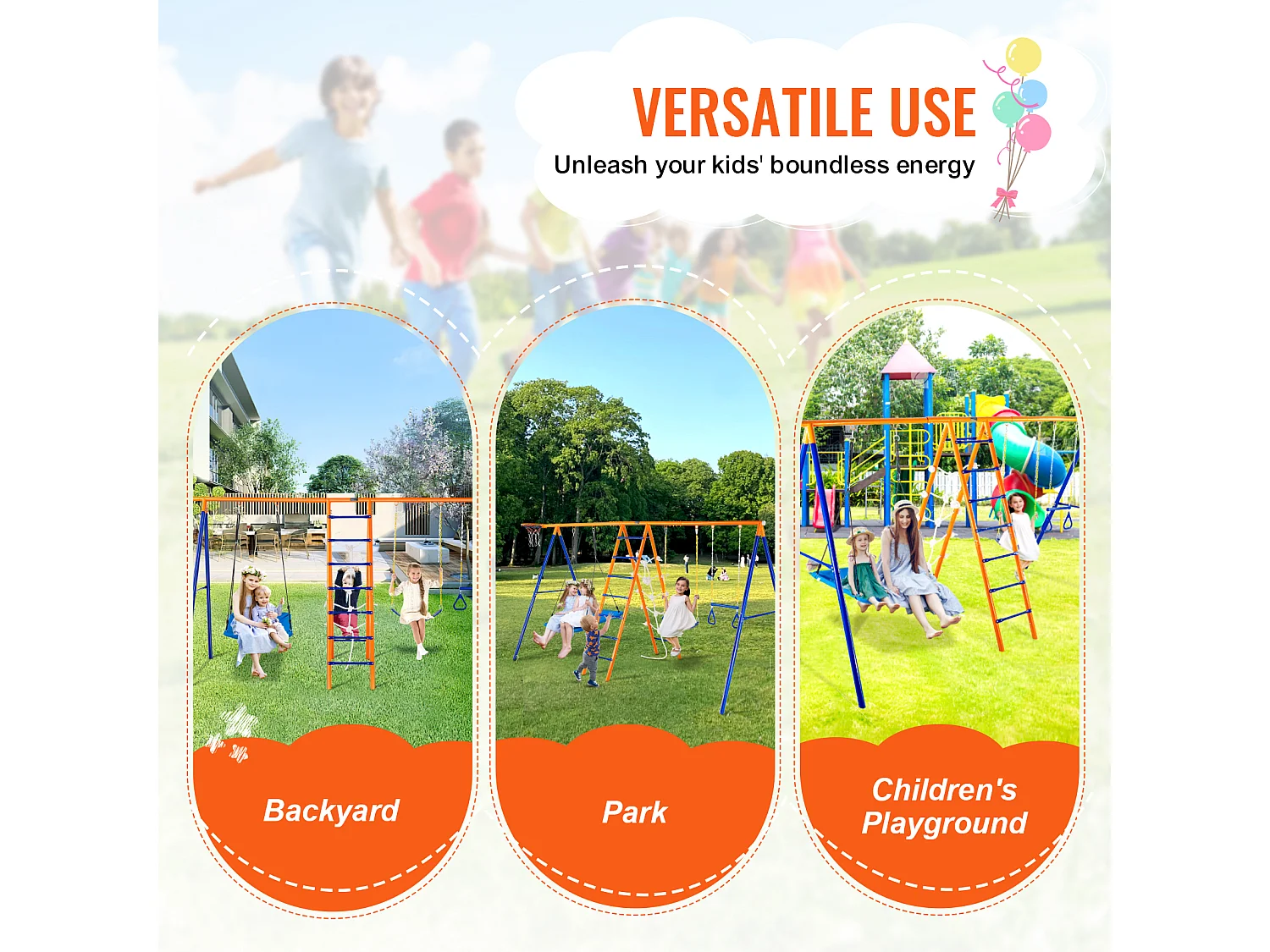 Ensemble Balançoires 6 en 1 SucceBuy 200 kg Métal 2 Balançoires Échelle Filet Basket-Ball pour le Jardin Design Stable Siège UV Poignées Sécurisées