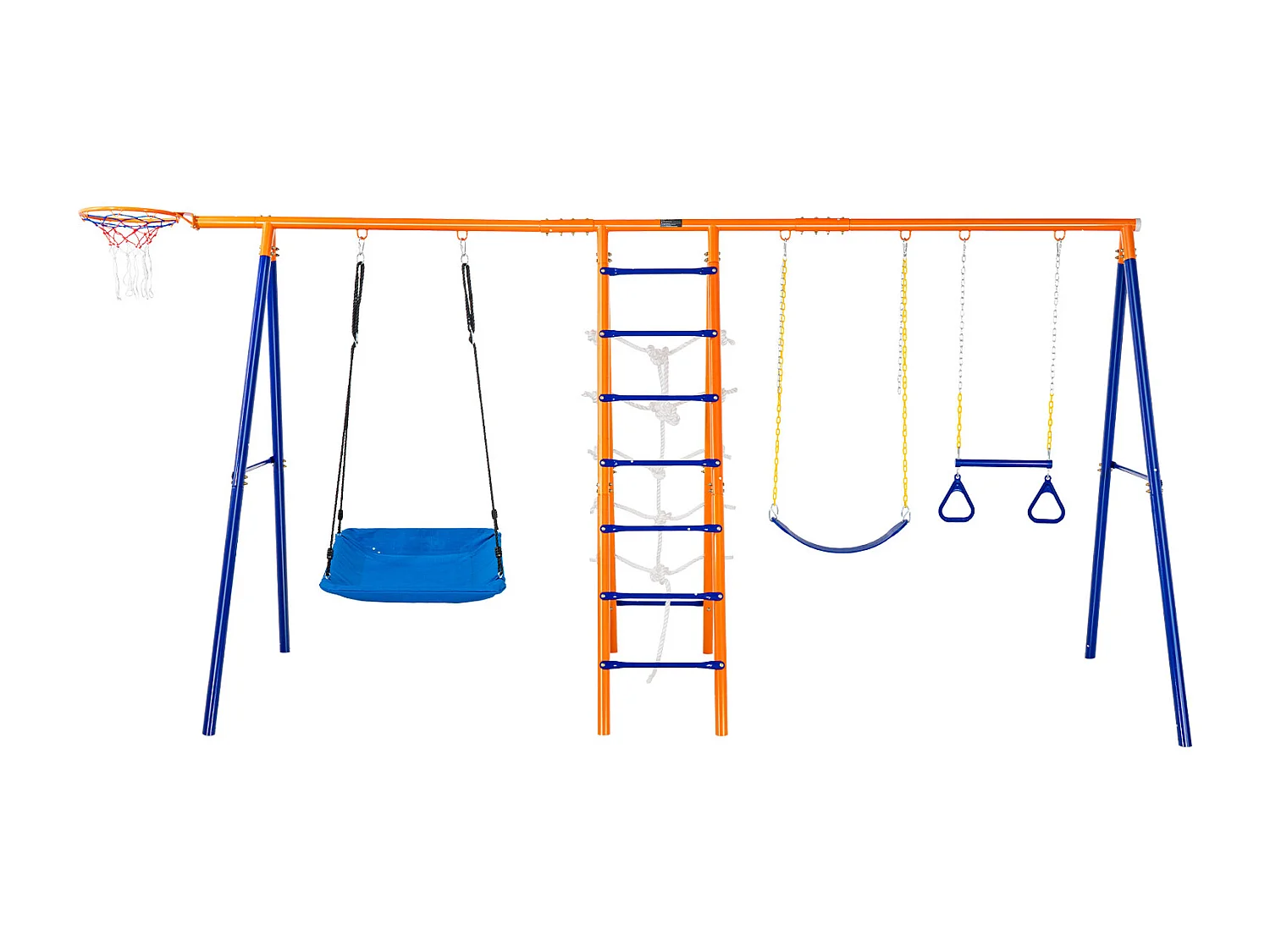 Ensemble Balançoires 6 en 1 SucceBuy 200 kg Métal 2 Balançoires Échelle Filet Basket-Ball pour le Jardin Design Stable Siège UV Poignées Sécurisées