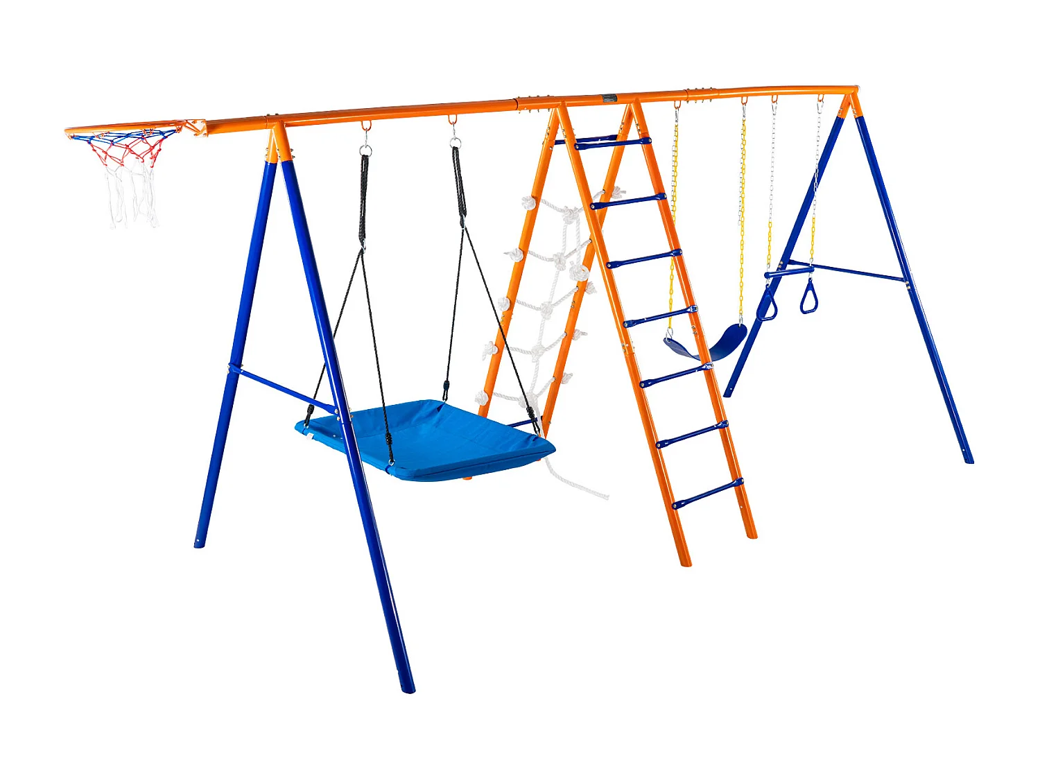 Ensemble Balançoires 6 en 1 SucceBuy 200 kg Métal 2 Balançoires Échelle Filet Basket-Ball pour le Jardin Design Stable Siège UV Poignées Sécurisées