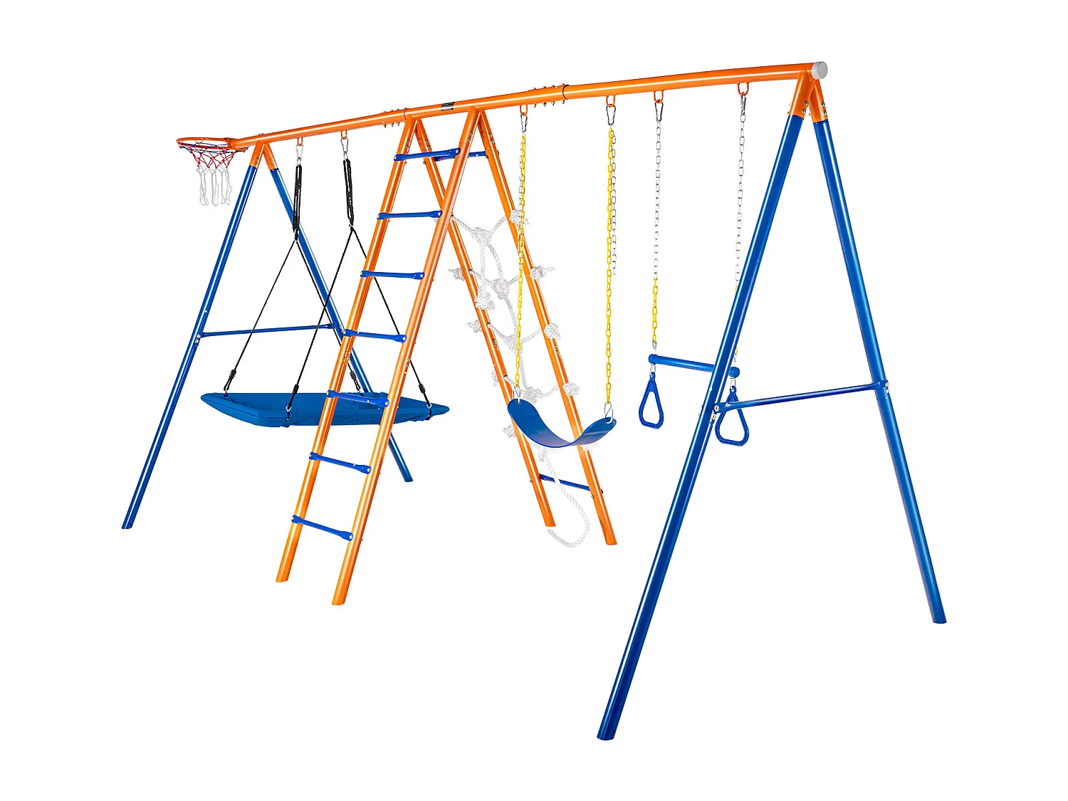 Ensemble Balançoires 6 en 1 SucceBuy 200 kg Métal 2 Balançoires Échelle Filet Basket-Ball pour le Jardin Design Stable Siège UV Poignées Sécurisées