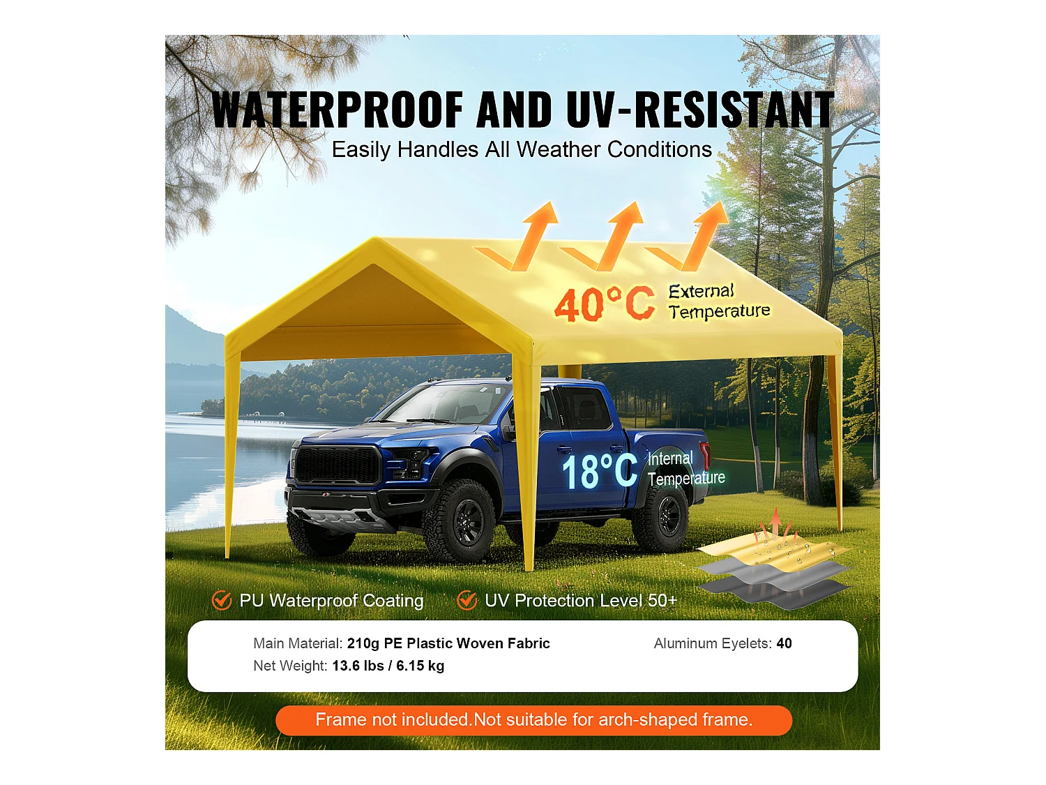 Toile de Rechange Carport Auvent SucceBuy Abri de Remplacement pour Abri d'Auto 304.8cm x 609.6cm Beige