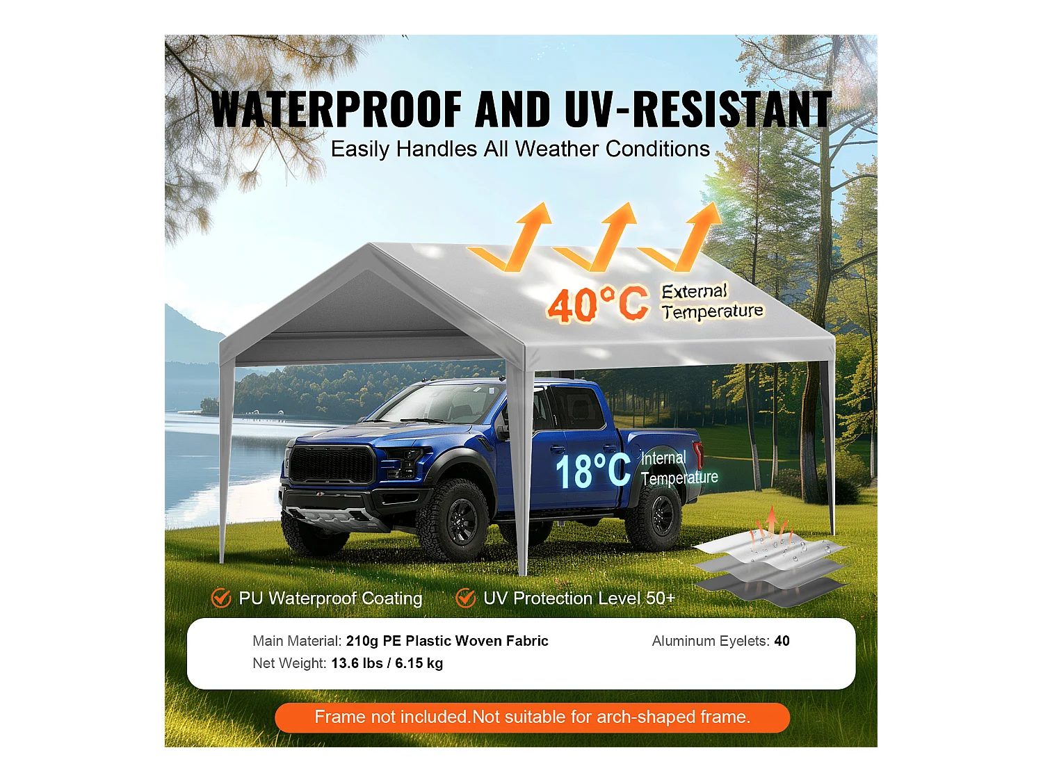 Toile de Rechange Carport Auvent SucceBuy Abri de Remplacement pour Abri d'Auto 304.8cm x 609.6cm Gris