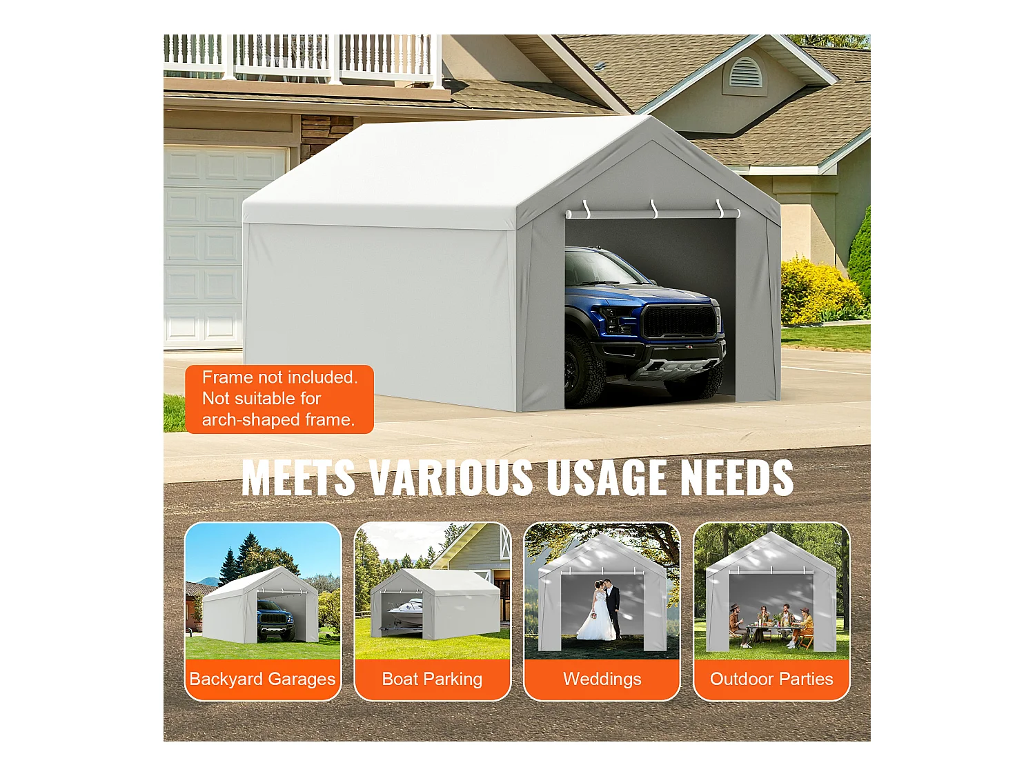 Toile de Rechange Carport Auvent SucceBuy Abri de Remplacement pour Abri d'Auto 304.8cm x 609.6cm avec Toit de Tente et Parois Latérales, Blanc