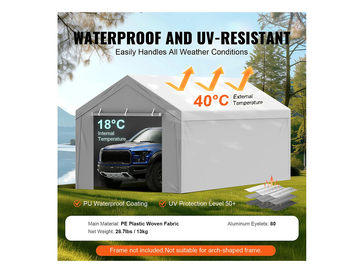 Toile de Rechange Carport Auvent SucceBuy Abri de Remplacement pour Abri d'Auto 304.8cm x 609.6cm avec Toit de Tente et Parois Latérales, Blanc