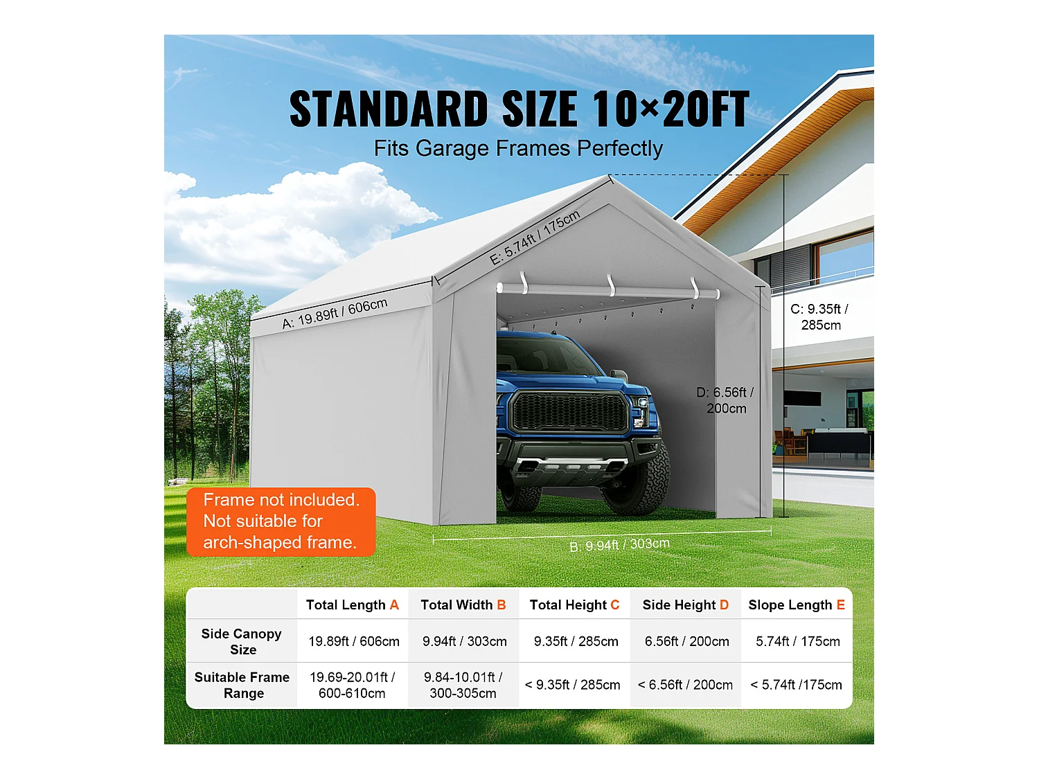 Toile de Rechange Carport Auvent SucceBuy Abri de Remplacement pour Abri d'Auto 304.8cm x 609.6cm avec Toit de Tente et Parois Latérales, Blanc