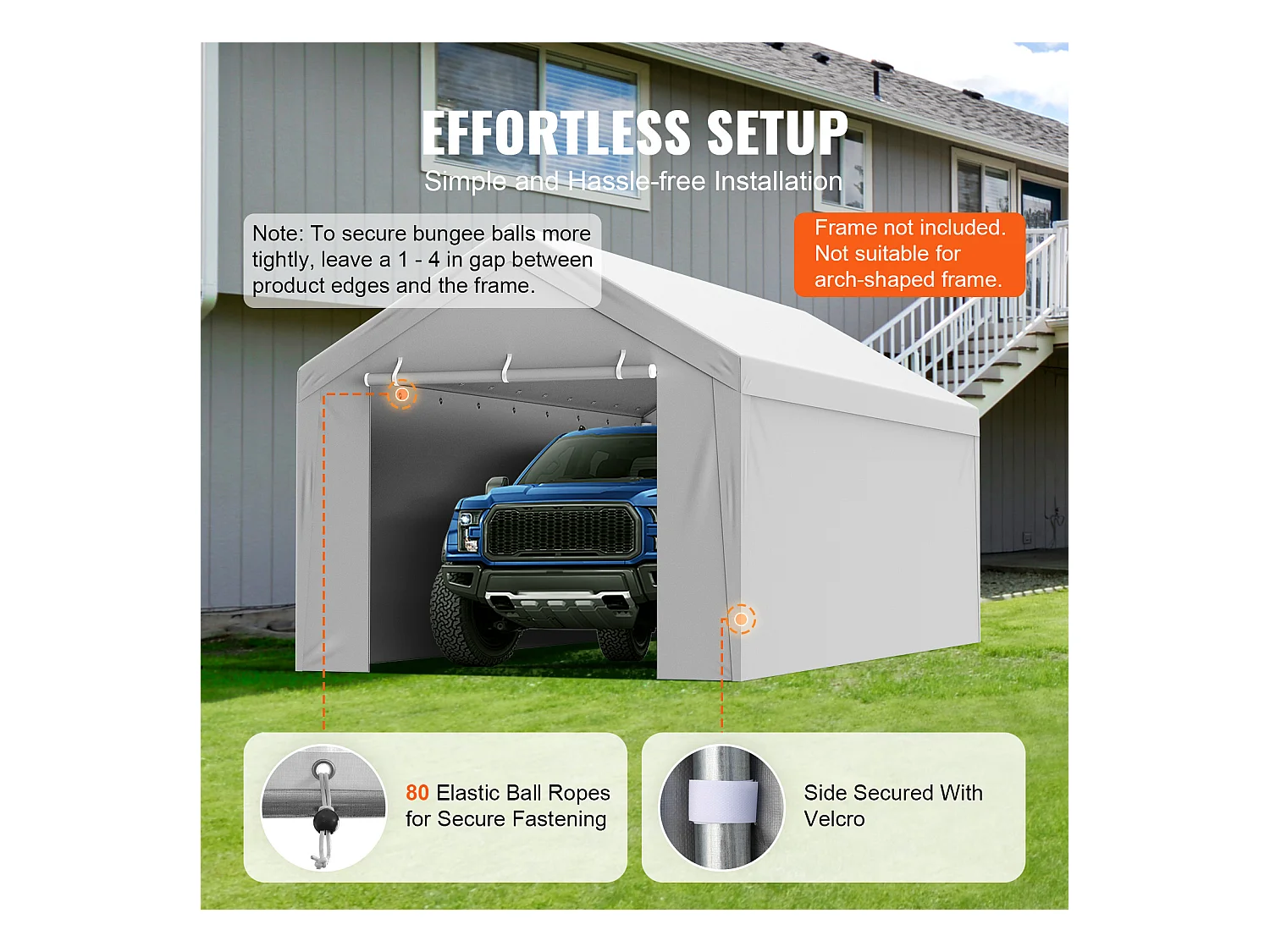 Toile de Rechange Carport Auvent SucceBuy Abri de Remplacement pour Abri d'Auto 304.8cm x 609.6cm avec Toit de Tente et Parois Latérales, Blanc