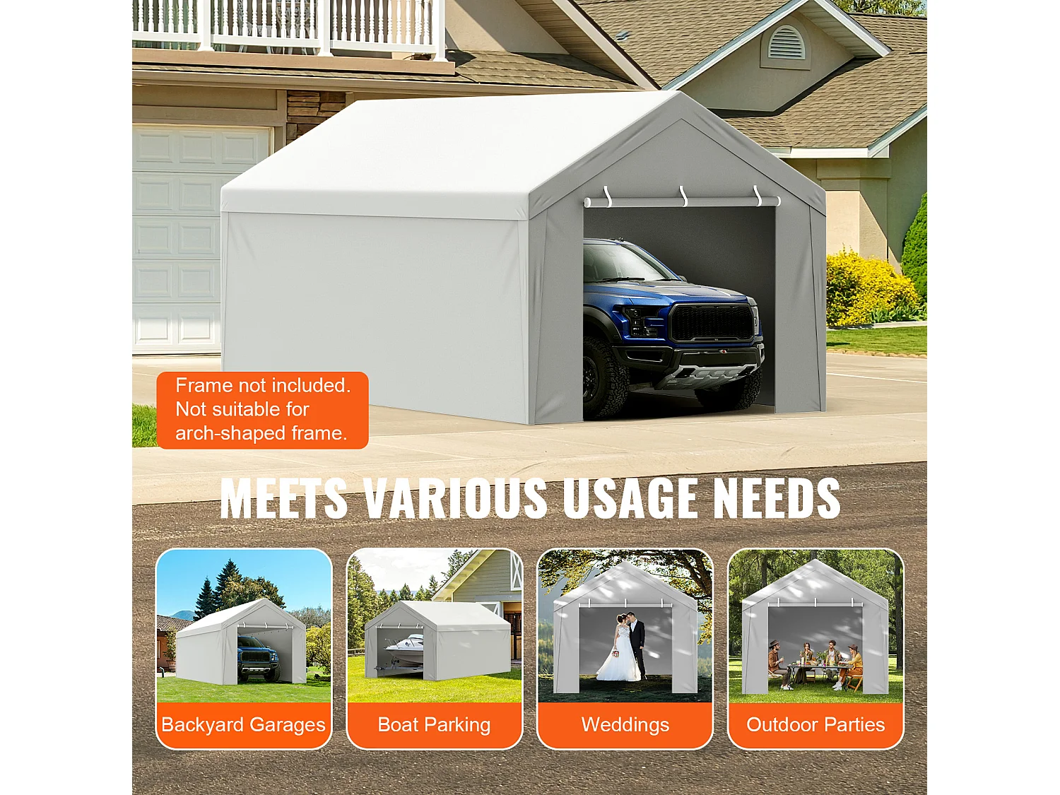 Lona de Substituição SucceBuy Capota de Substituição para Carport 304,8 cm x 609,6 cm com Teto Tipo Tenda e Paredes Laterais, Branco