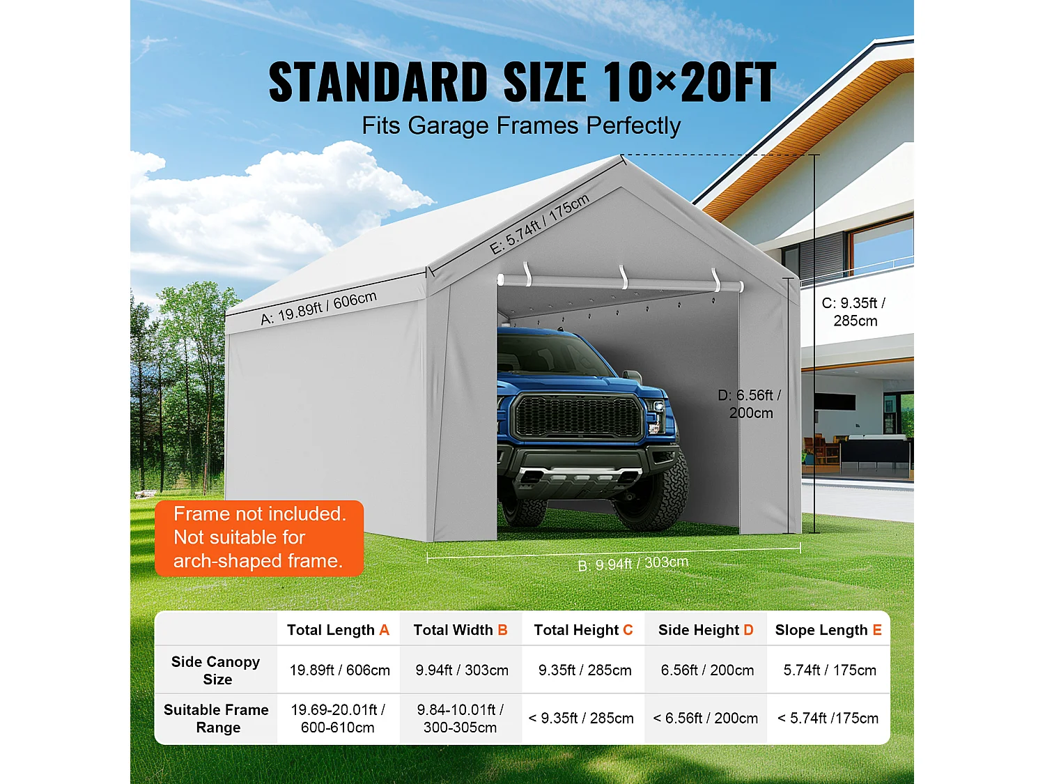 Lona de Substituição SucceBuy Capota de Substituição para Carport 304,8 cm x 609,6 cm com Teto Tipo Tenda e Paredes Laterais, Branco