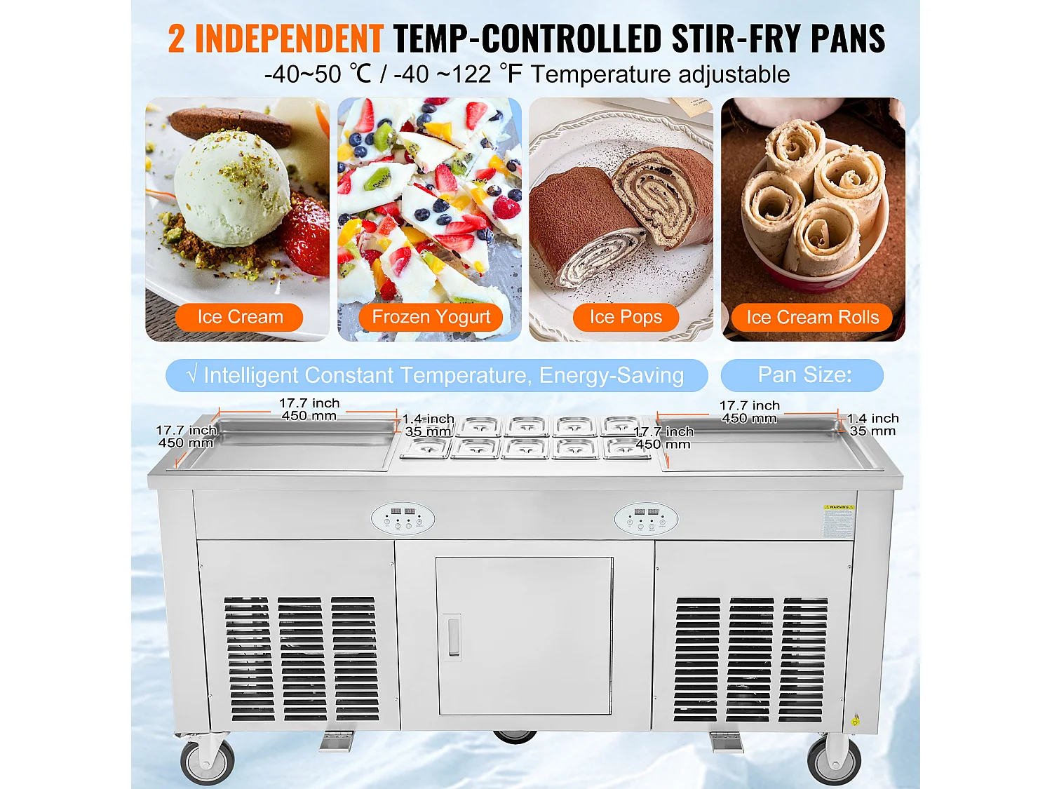 Sorbetière à Glace Frite SucceBuy, Machine à Glace Frite 45 x 45 cm avec 2 Moules, avce Grandes tables de travail
