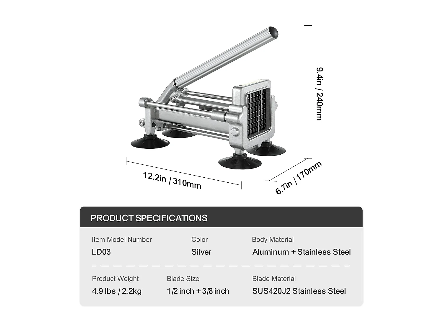 Coupe-Frites SucceBuy en Acier Inoxydable avec 2 Lames pour Pommes de Terre