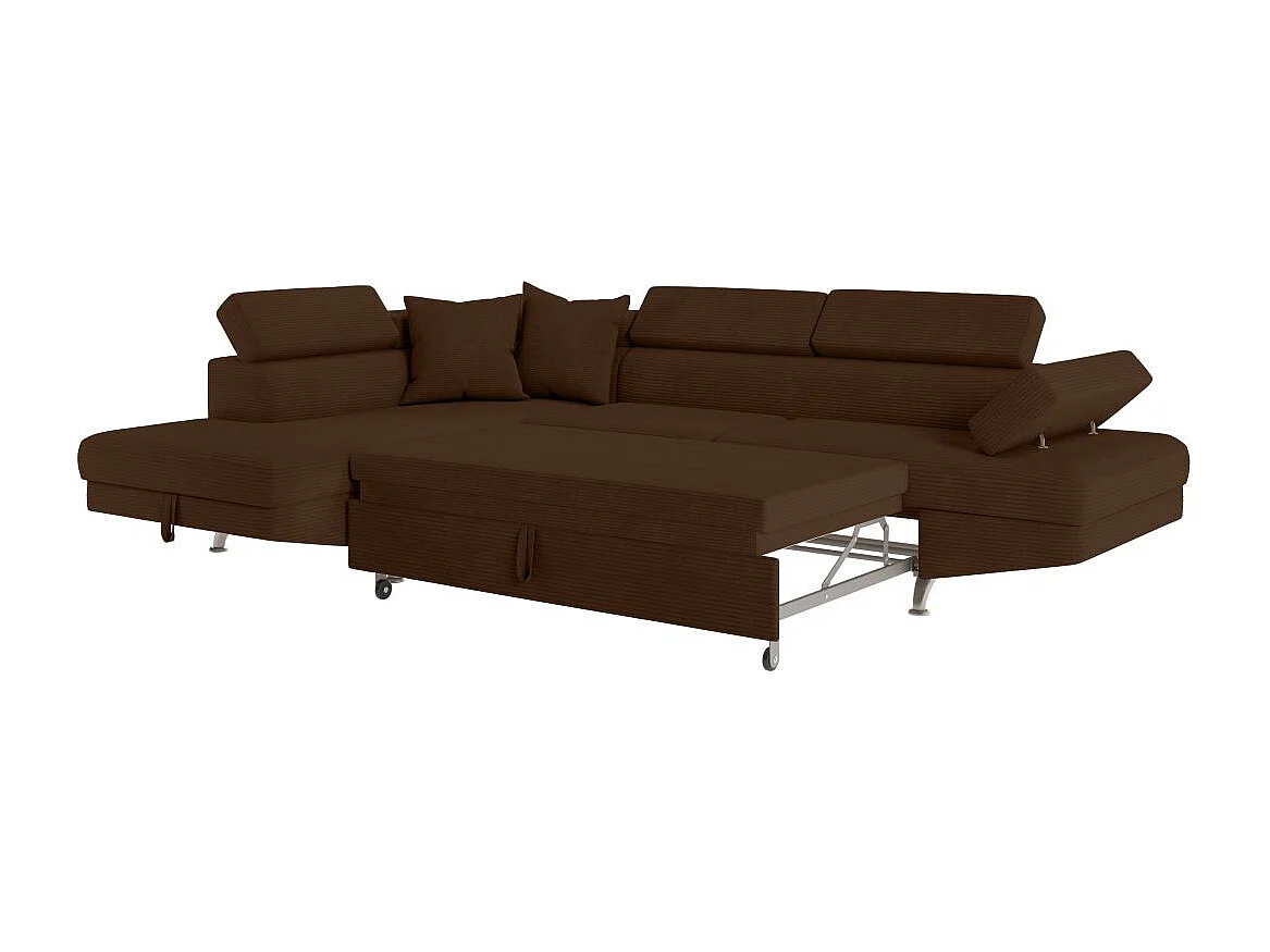 Canapé d'angle gauche convertible RIO 5 places avec coffre de rangement en velours côtelé - Marron