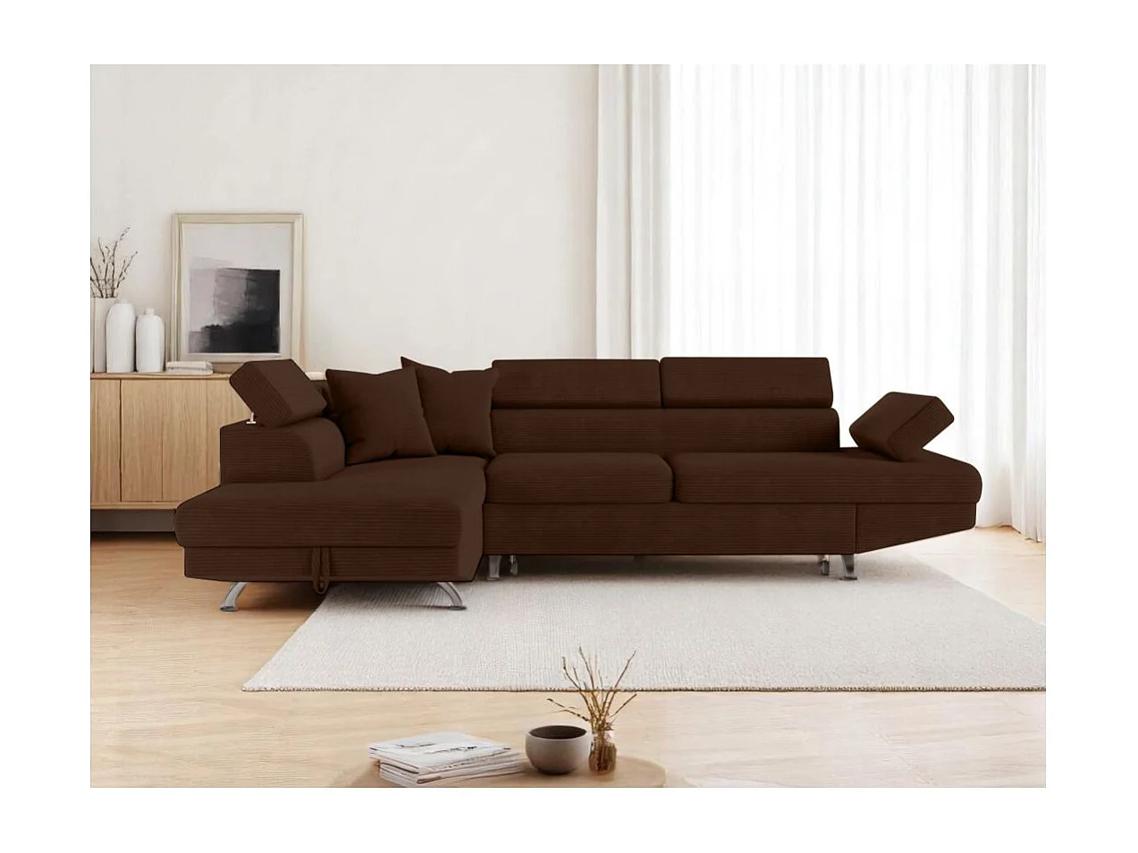 Canapé d'angle gauche convertible RIO 5 places avec coffre de rangement en velours côtelé - Marron