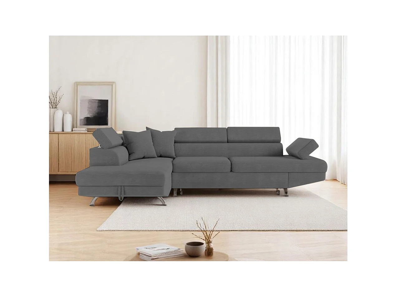 Canapé d'angle gauche convertible RIO 5 places avec coffre de rangement en velours côtelé Gris anthracite