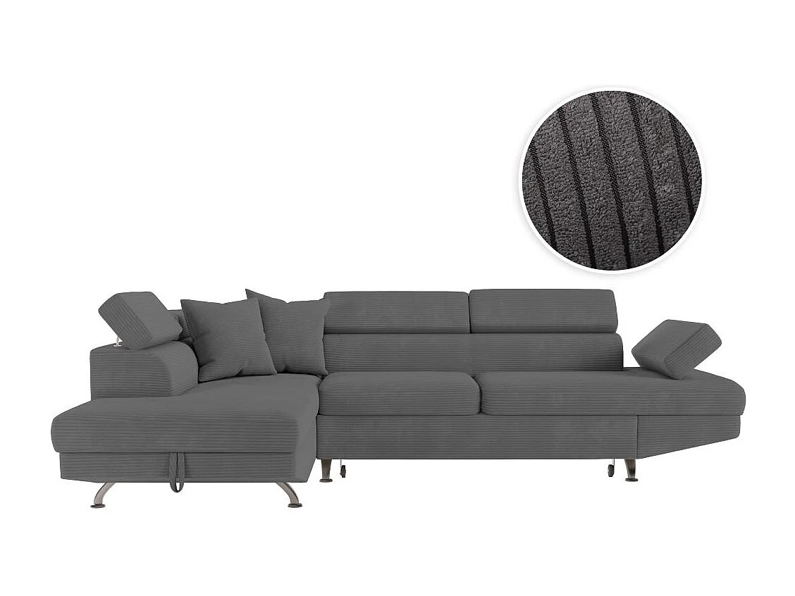 Canapé d'angle gauche convertible RIO 5 places avec coffre de rangement en velours côtelé Gris anthracite