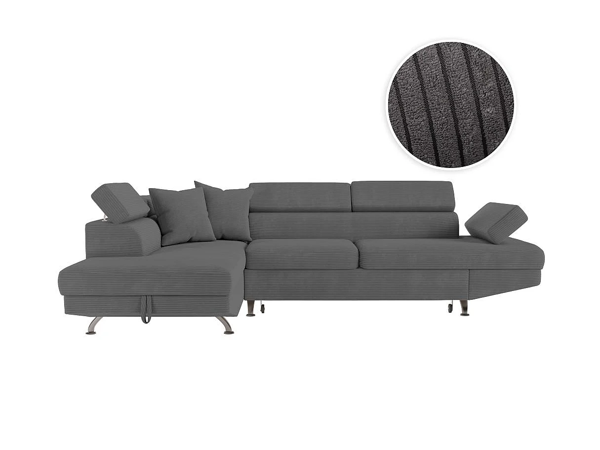Canapé d'angle gauche convertible RIO 5 places avec coffre de rangement en velours côtelé Gris anthracite