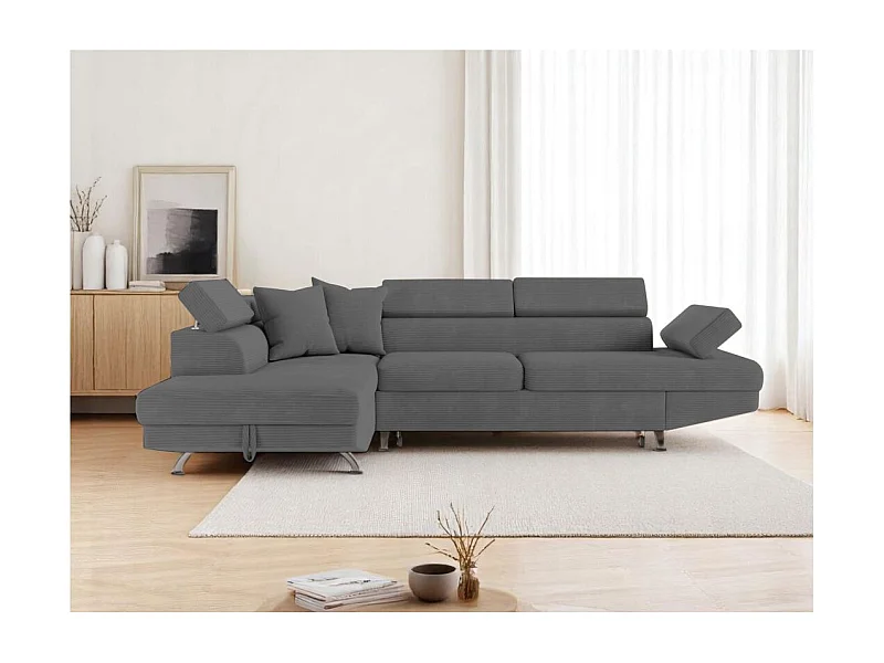 Canapé d'angle gauche convertible RIO 5 places avec coffre de rangement en velours côtelé Gris anthracite