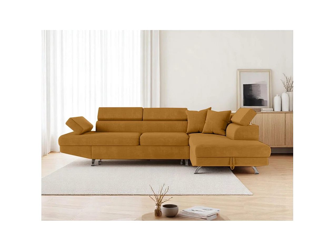 Canapé d'angle droit convertible RIO 5 places avec coffre de rangement en velours côtelé - Jaune