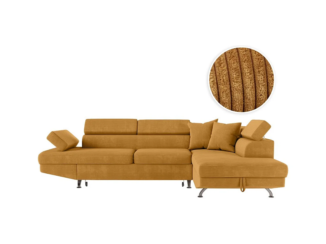 Canapé d'angle droit convertible RIO 5 places avec coffre de rangement en velours côtelé - Jaune