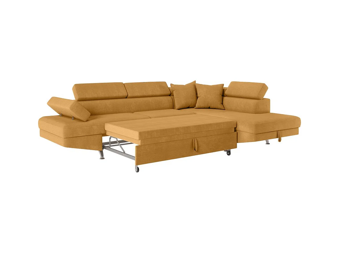 Canapé d'angle droit convertible RIO 5 places avec coffre de rangement en velours côtelé - Jaune