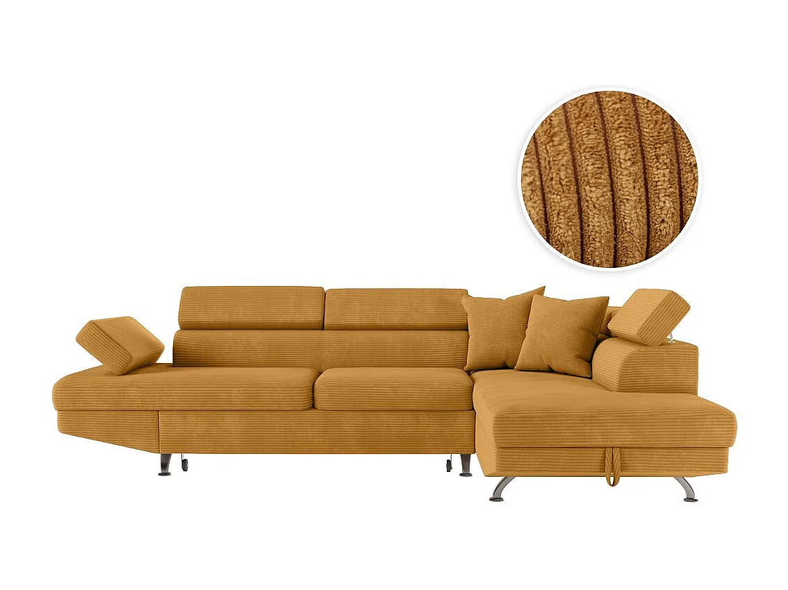 Canapé d'angle droit convertible RIO 5 places avec coffre de rangement en velours côtelé - Jaune