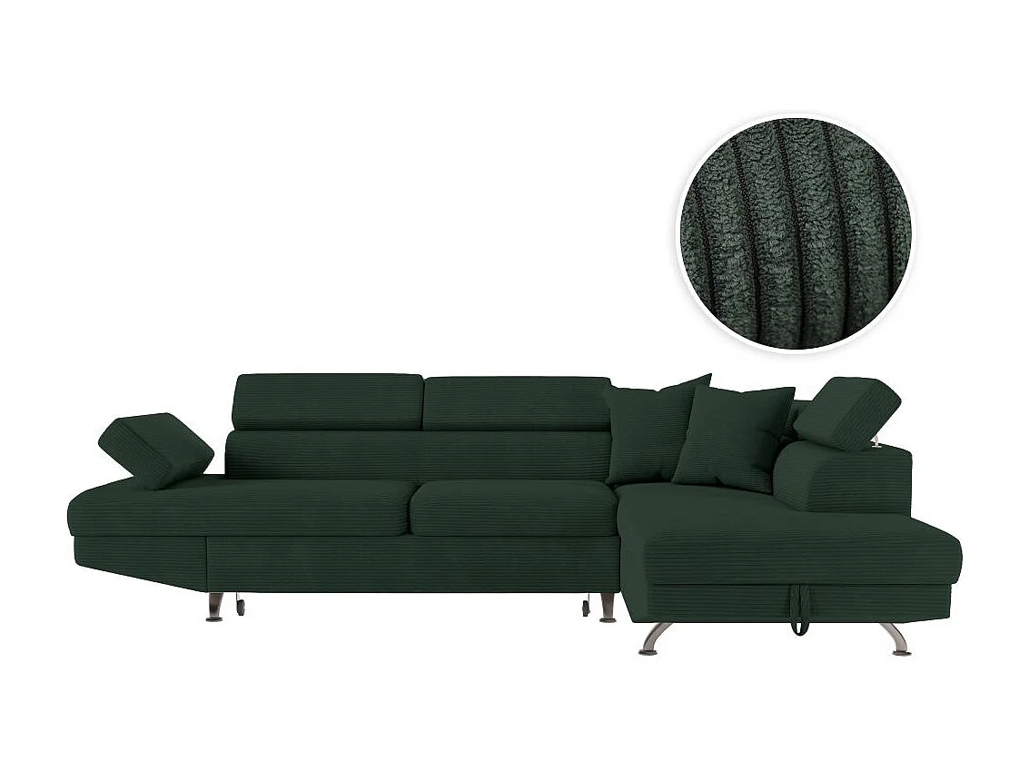 Canapé d'angle droit convertible RIO 5 places avec coffre de rangement en velours côtelé vert foncé
