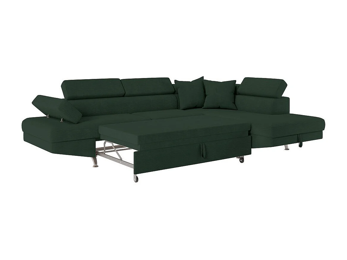 Canapé d'angle droit convertible RIO 5 places avec coffre de rangement en velours côtelé vert foncé