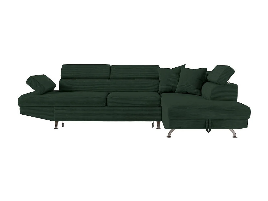 Canapé d'angle droit convertible RIO 5 places avec coffre de rangement en velours côtelé vert foncé