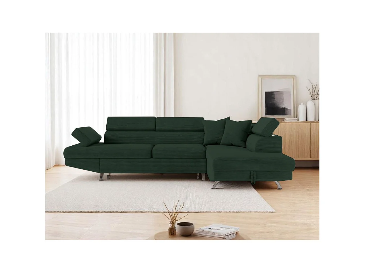 Canapé d'angle droit convertible RIO 5 places avec coffre de rangement en velours côtelé vert foncé