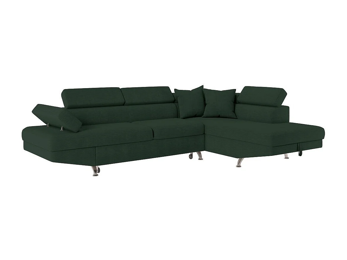 Canapé d'angle droit convertible RIO 5 places avec coffre de rangement en velours côtelé vert foncé