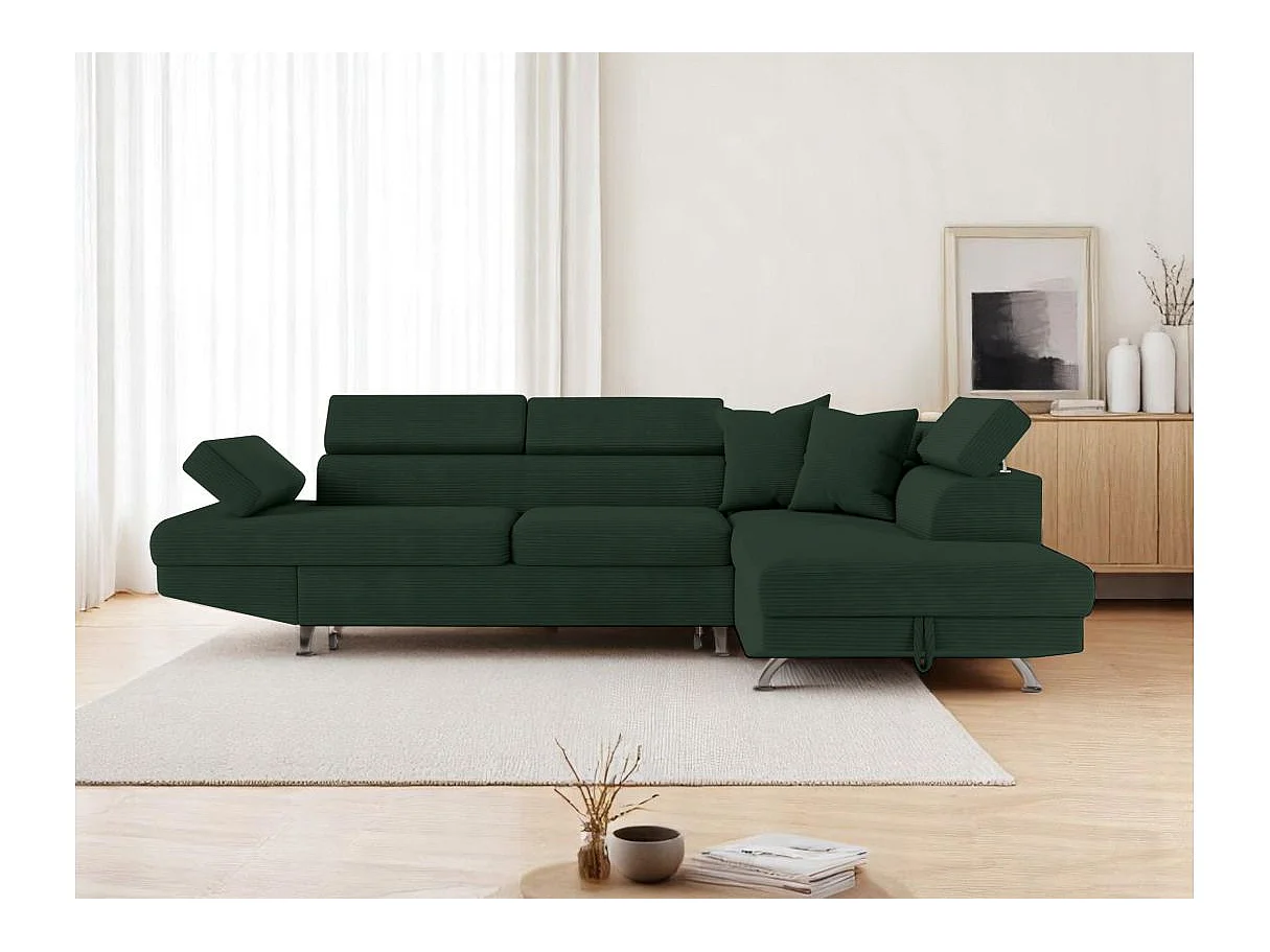 Canapé d'angle droit convertible RIO 5 places avec coffre de rangement en velours côtelé vert foncé