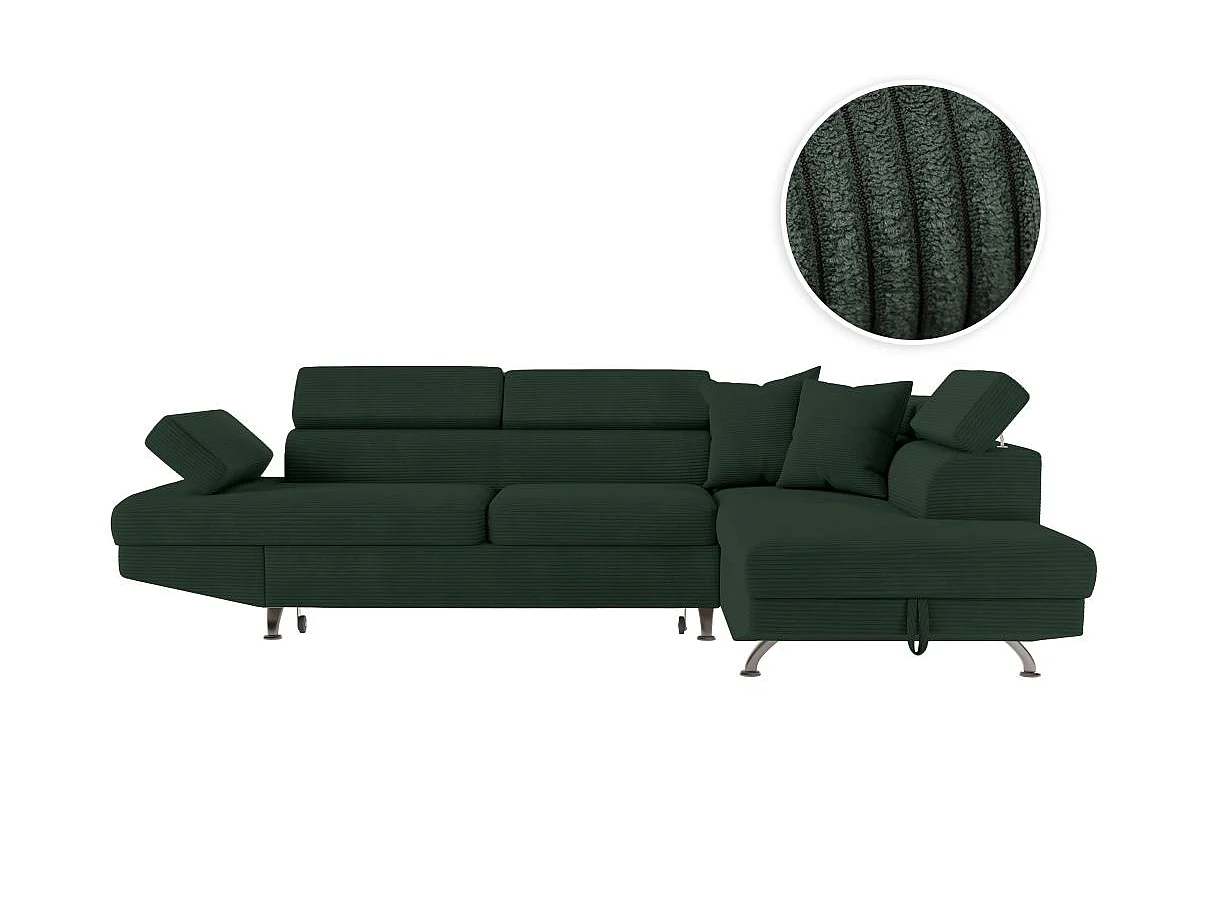 Canapé d'angle droit convertible RIO 5 places avec coffre de rangement en velours côtelé vert foncé