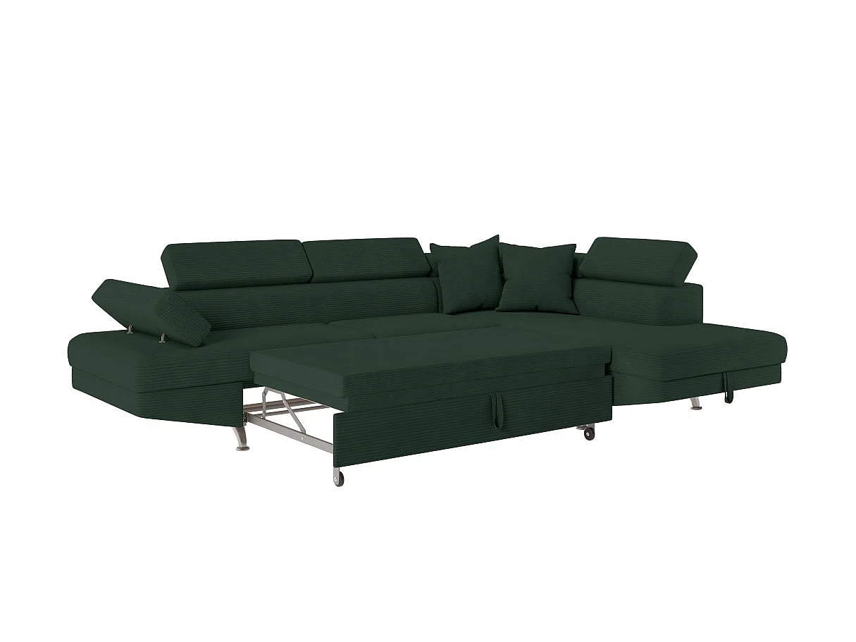 Canapé d'angle droit convertible RIO 5 places avec coffre de rangement en velours côtelé vert foncé