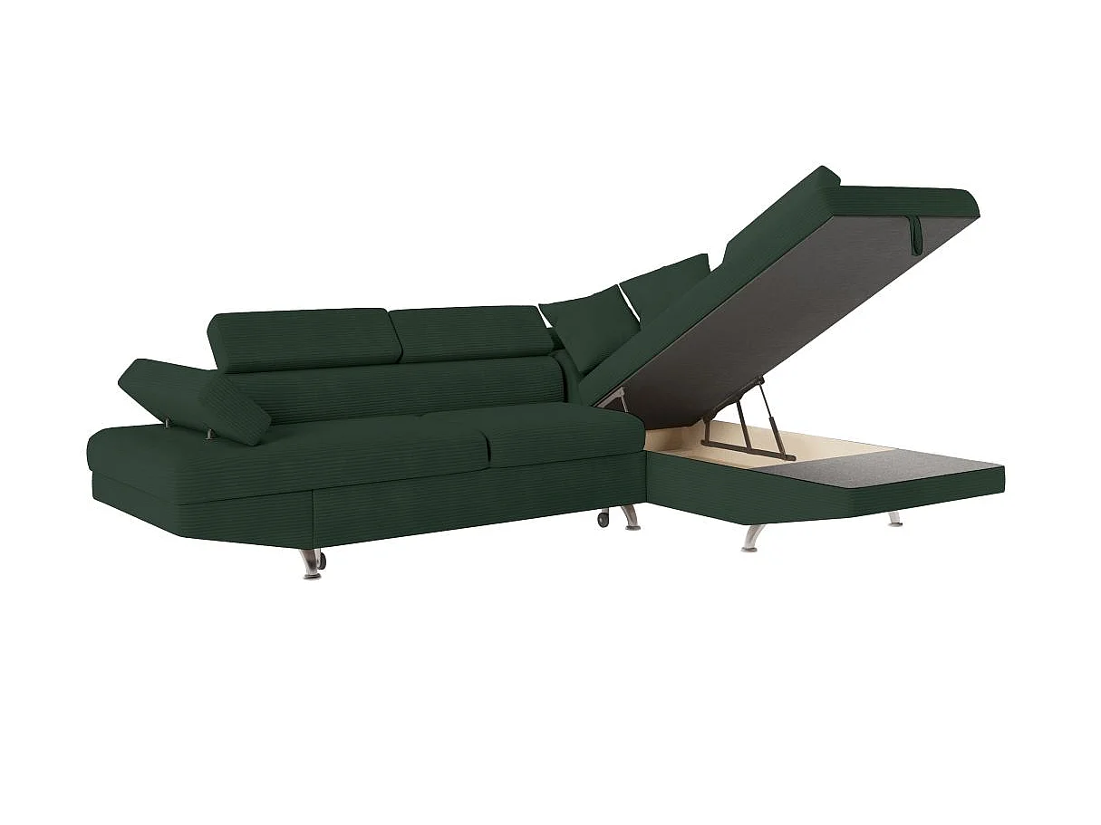 Canapé d'angle droit convertible RIO 5 places avec coffre de rangement en velours côtelé vert foncé