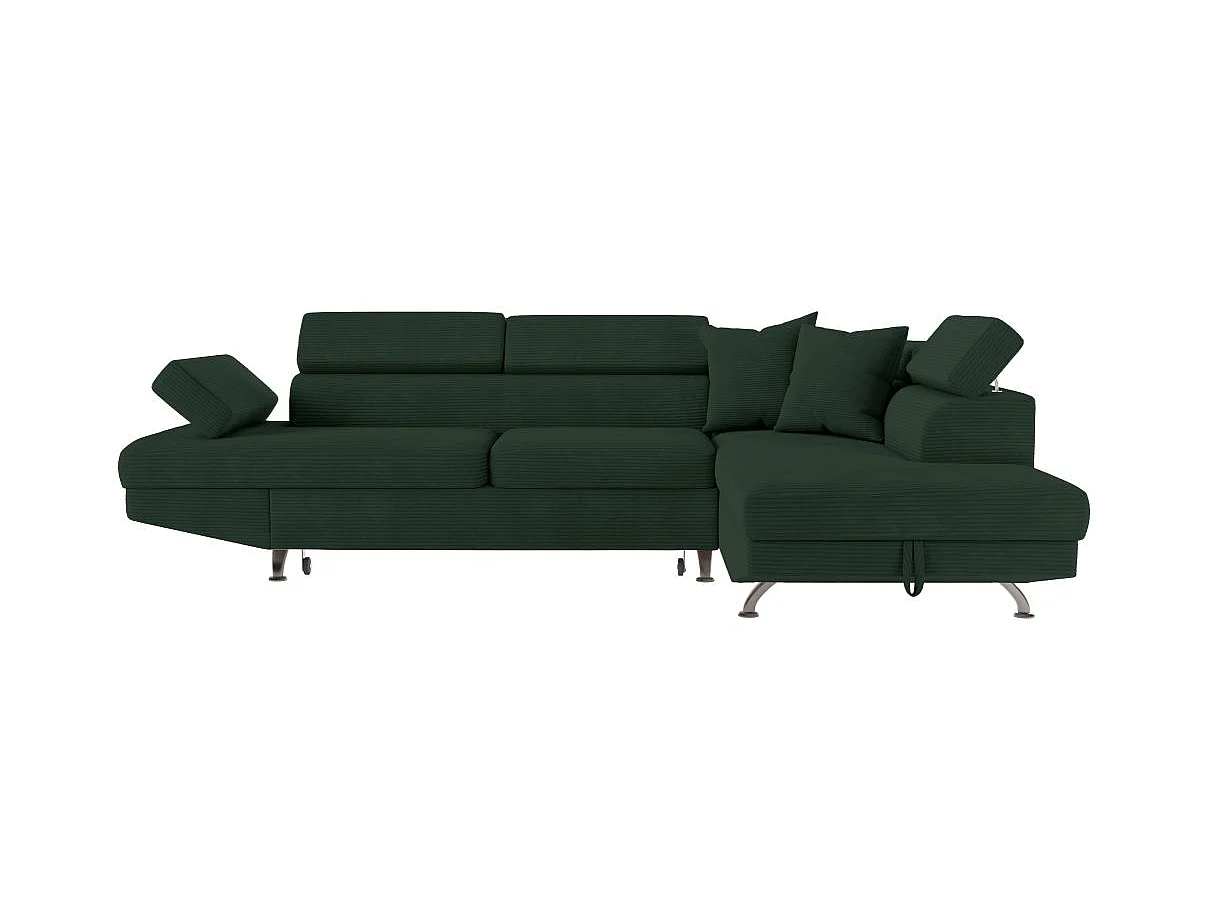Canapé d'angle droit convertible RIO 5 places avec coffre de rangement en velours côtelé vert foncé