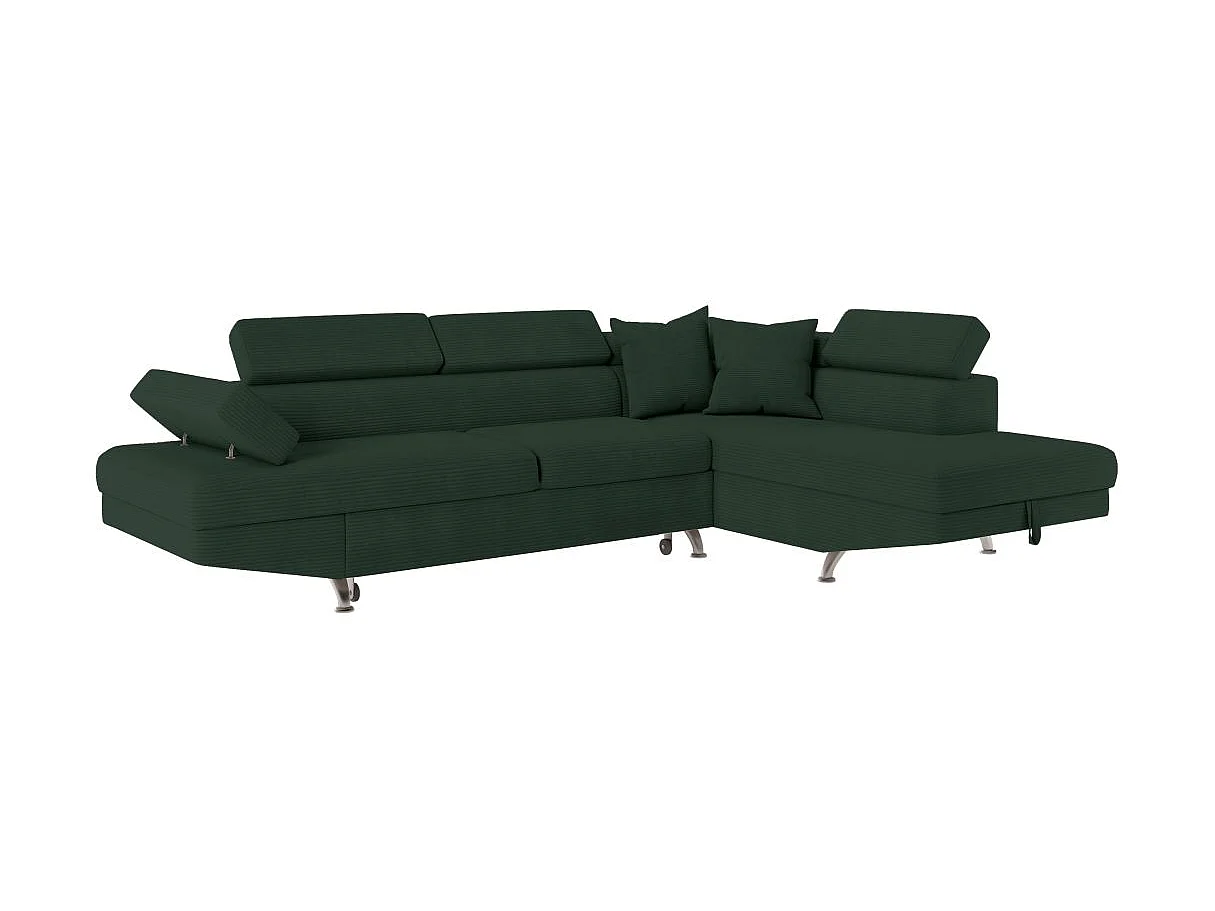 Canapé d'angle droit convertible RIO 5 places avec coffre de rangement en velours côtelé vert foncé