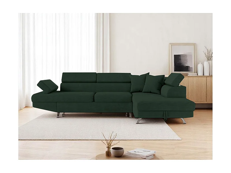 Canapé d'angle droit convertible RIO 5 places avec coffre de rangement en velours côtelé vert foncé