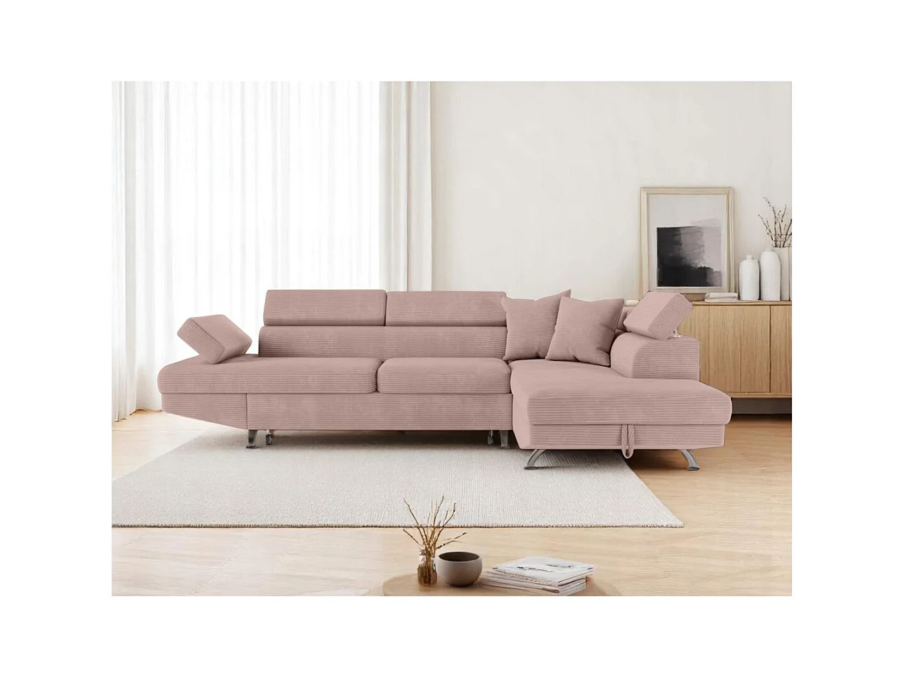 Canapé d'angle droit convertible RIO 5 places avec coffre de rangement en velours côtelé vieux rose