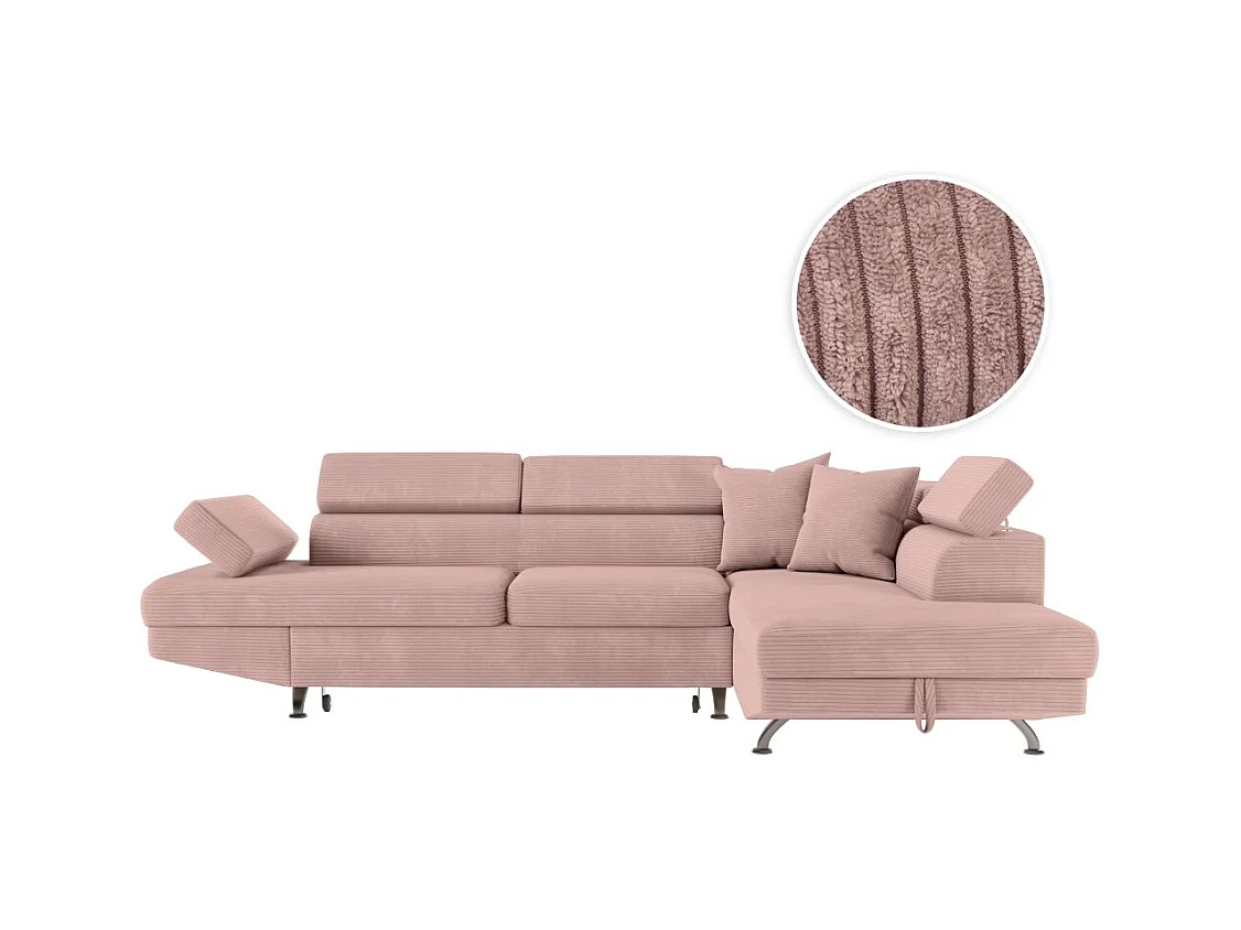 Canapé d'angle droit convertible RIO 5 places avec coffre de rangement en velours côtelé vieux rose