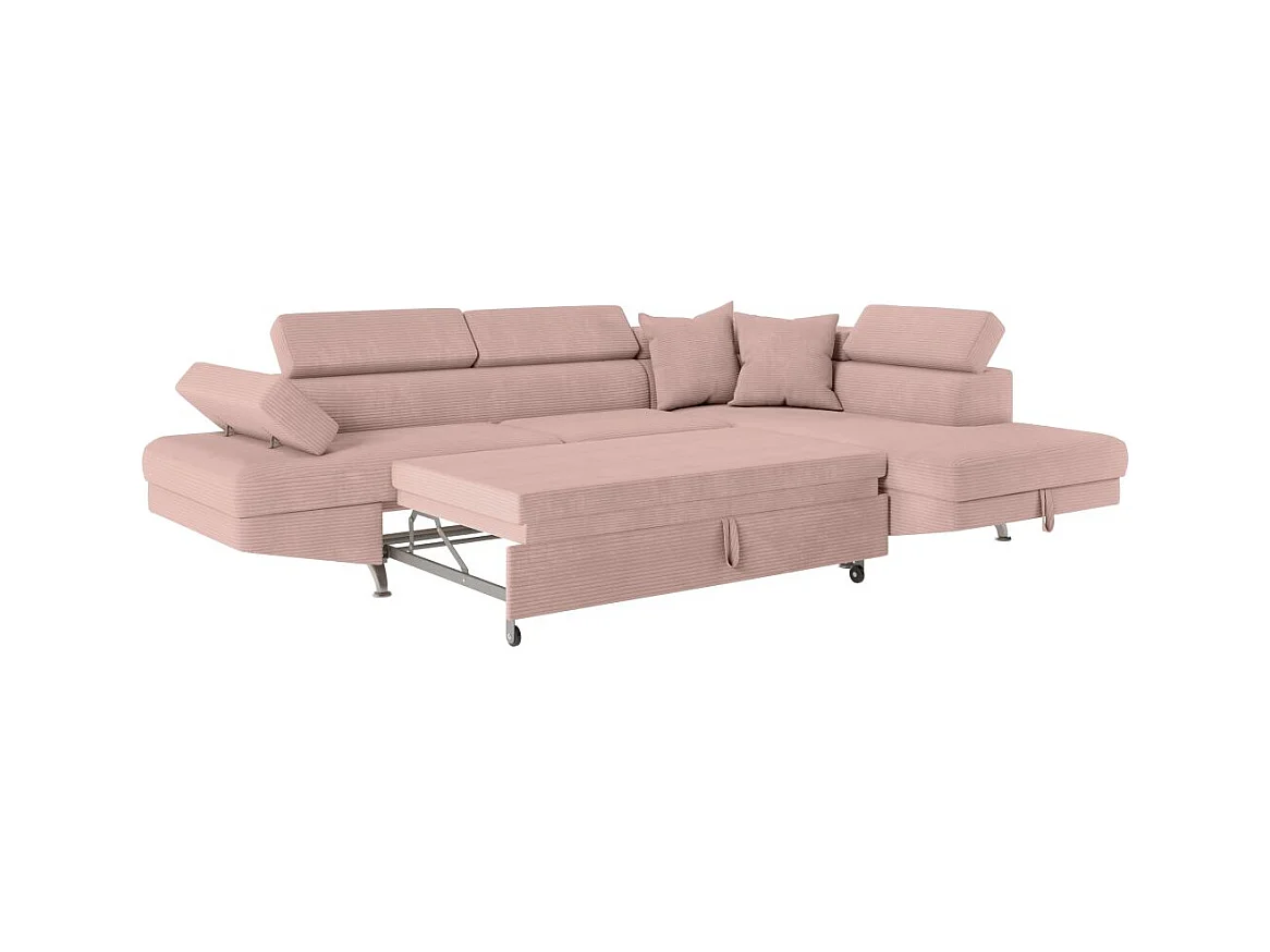 Canapé d'angle droit convertible RIO 5 places avec coffre de rangement en velours côtelé vieux rose