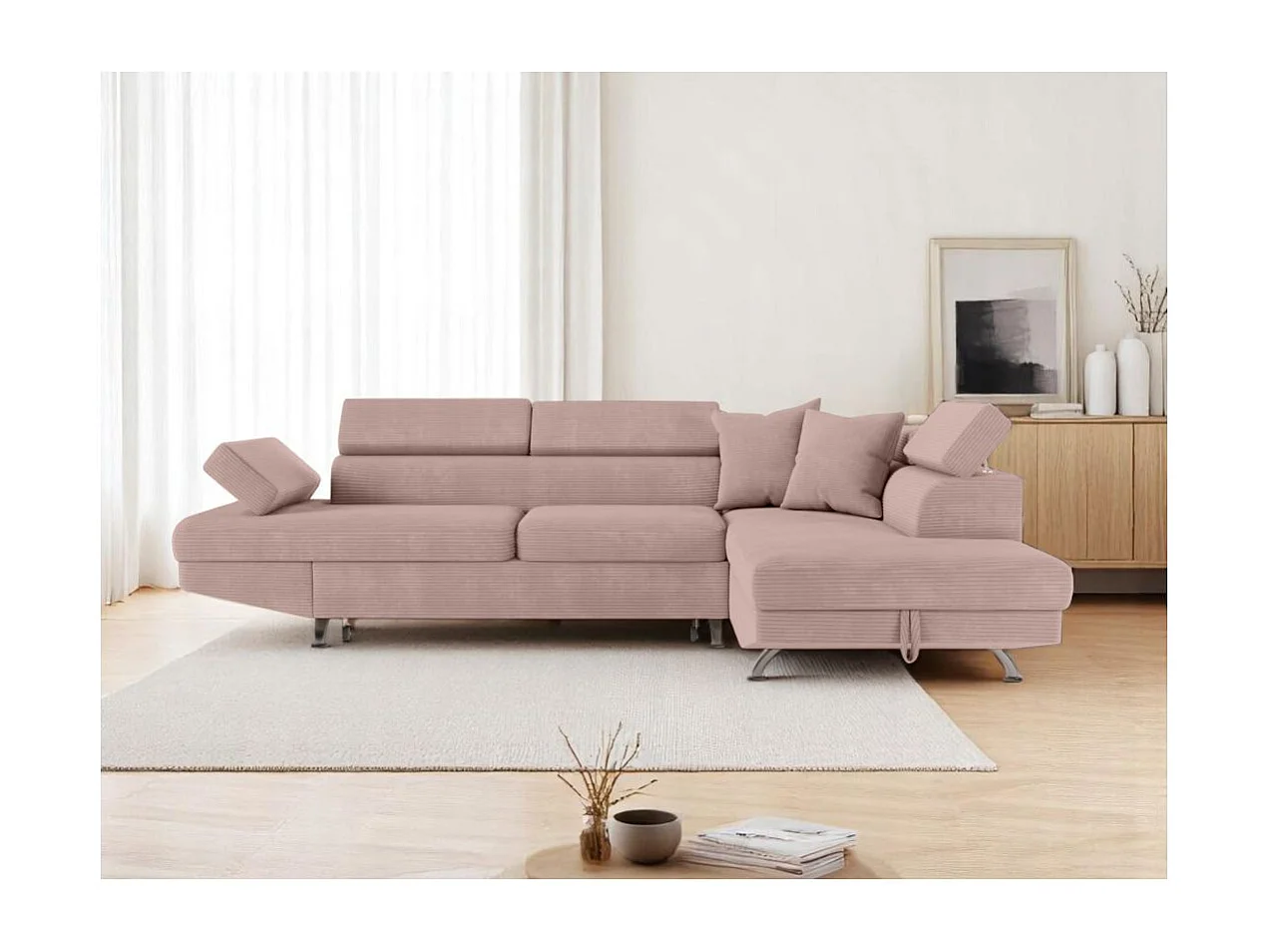 Canapé d'angle droit convertible RIO 5 places avec coffre de rangement en velours côtelé vieux rose